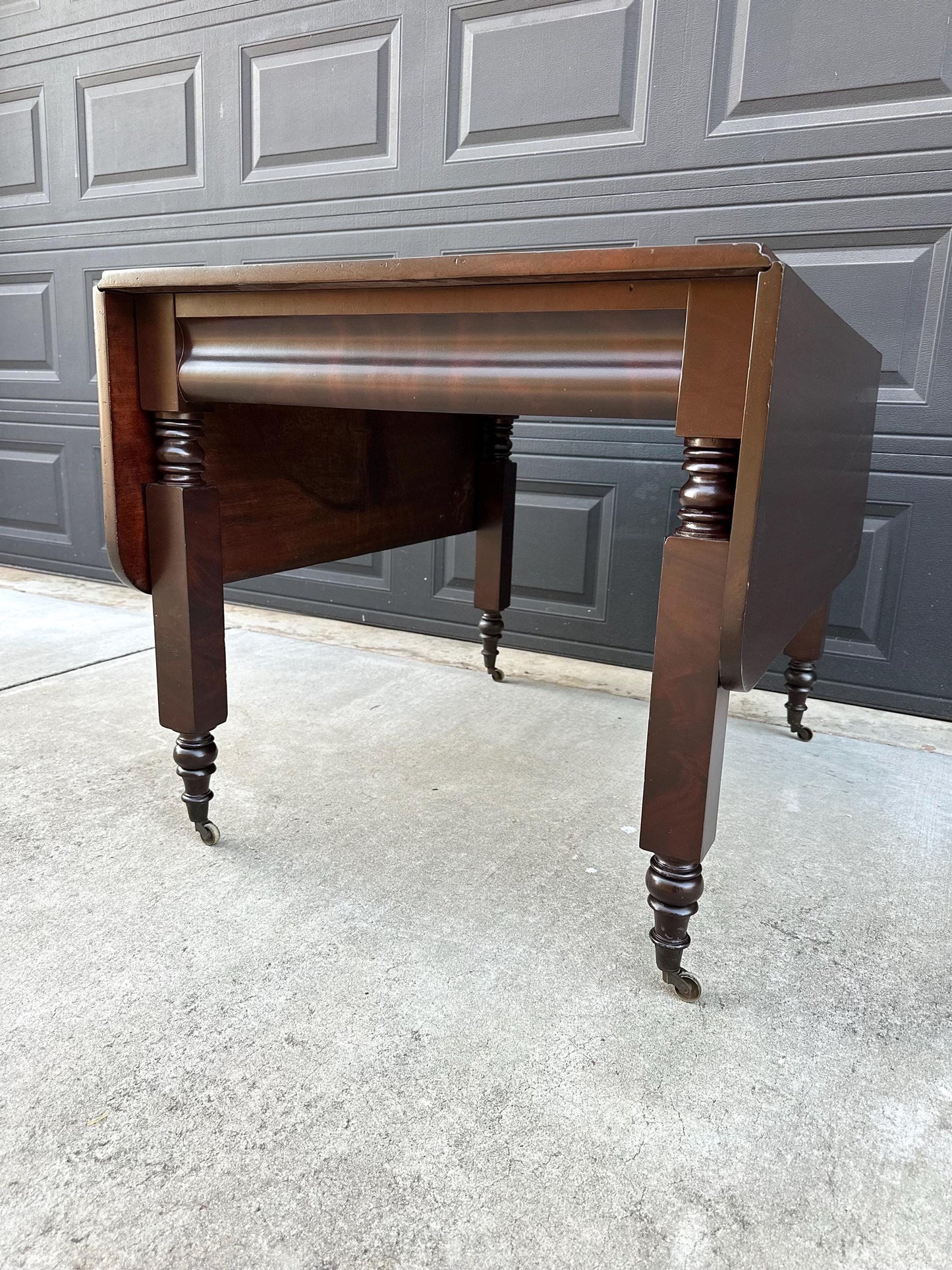 Antique Mid 1800's Mahogany Empire Spindle Leg Drop Leaf Solid Wood Dining Table on Castors