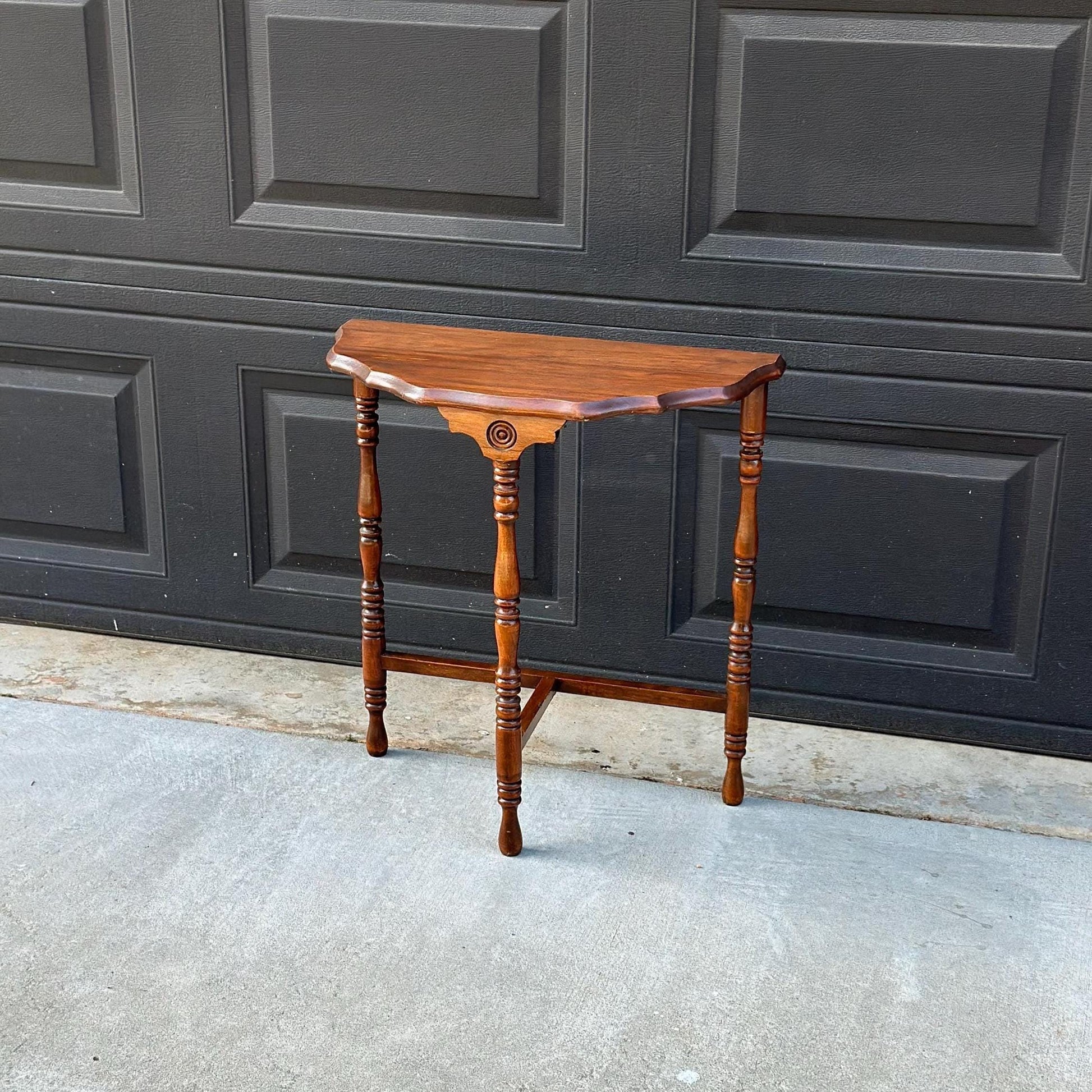 Antique Early 1900's Solid Wood Spindle Leg Small Half Round Light Cherry Accent Table