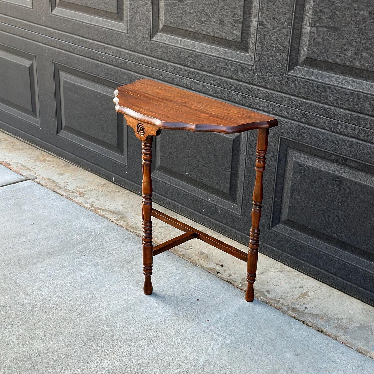 Antique Early 1900's Solid Wood Spindle Leg Small Half Round Light Cherry Accent Table