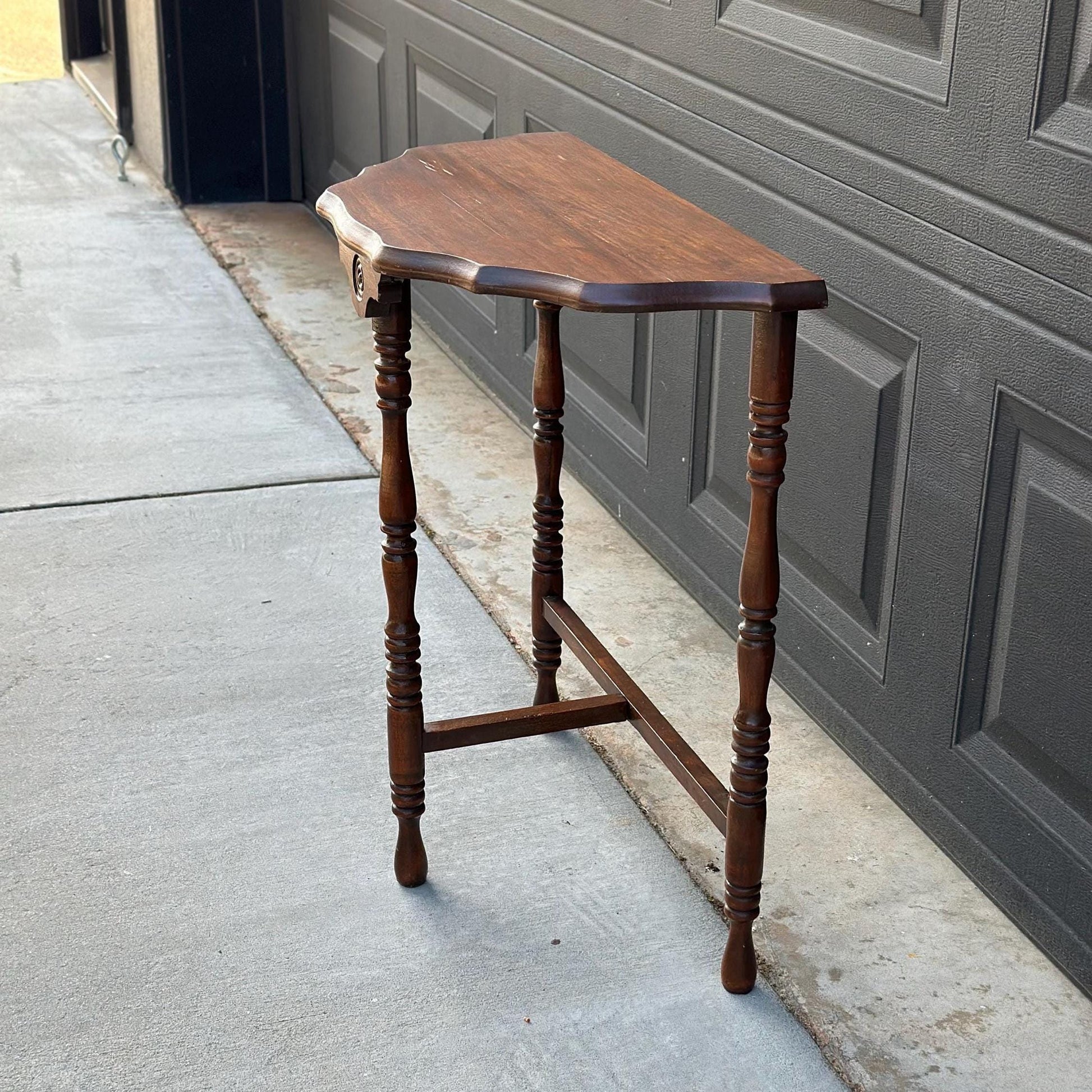 Antique Early 1900's Solid Wood Spindle Leg Small Half Round Light Cherry Accent Table
