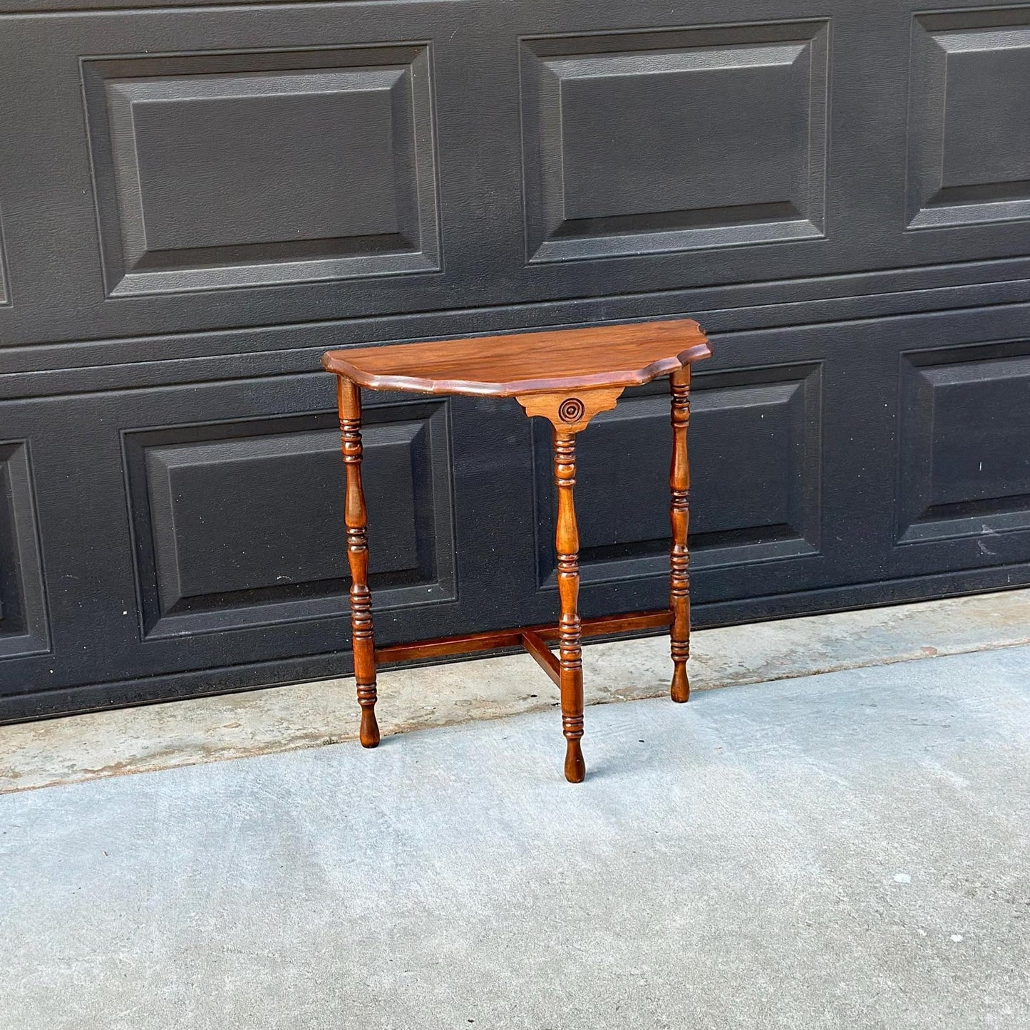 Antique Early 1900's Solid Wood Spindle Leg Small Half Round Light Cherry Accent Table