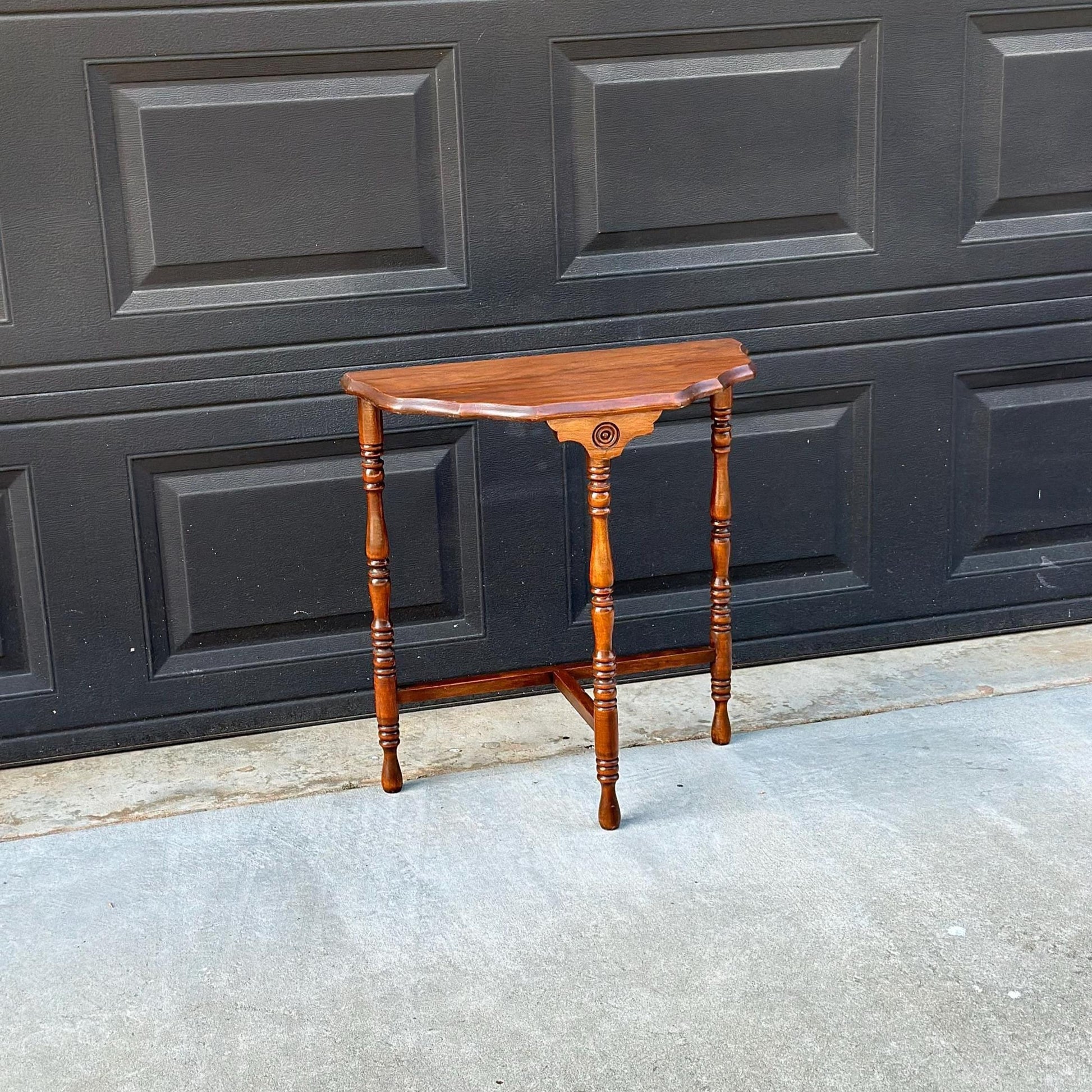 Antique Early 1900's Solid Wood Spindle Leg Small Half Round Light Cherry Accent Table