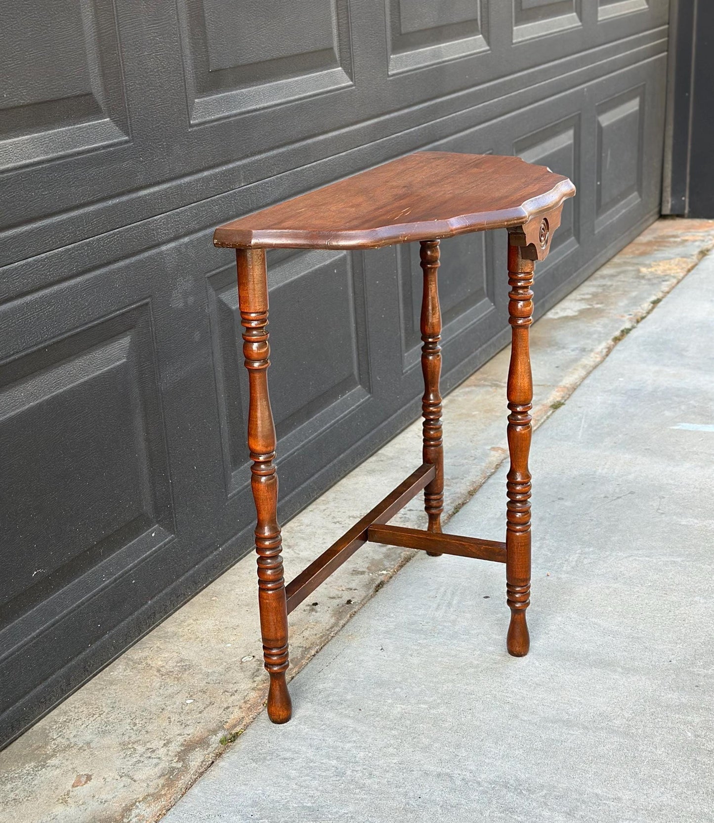Antique Early 1900's Solid Wood Spindle Leg Small Half Round Light Cherry Accent Table
