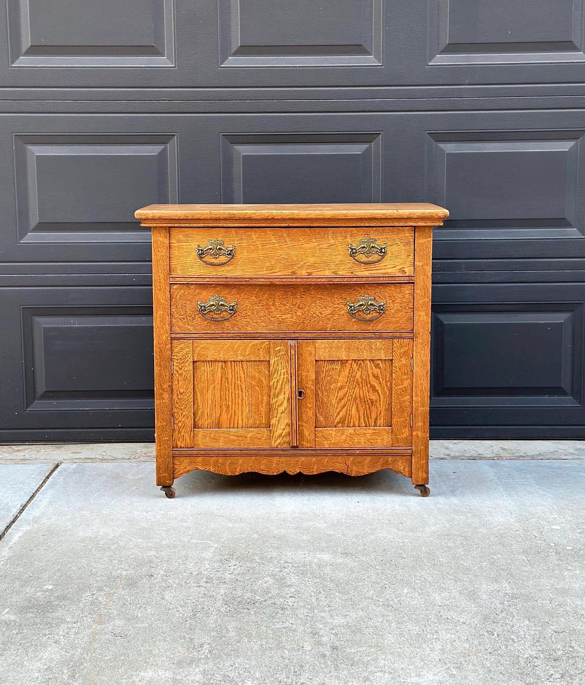 Antique Early 1900's Solid Tiger Oak Accent Storage Arts & Crafts Chest Drawers on Casters