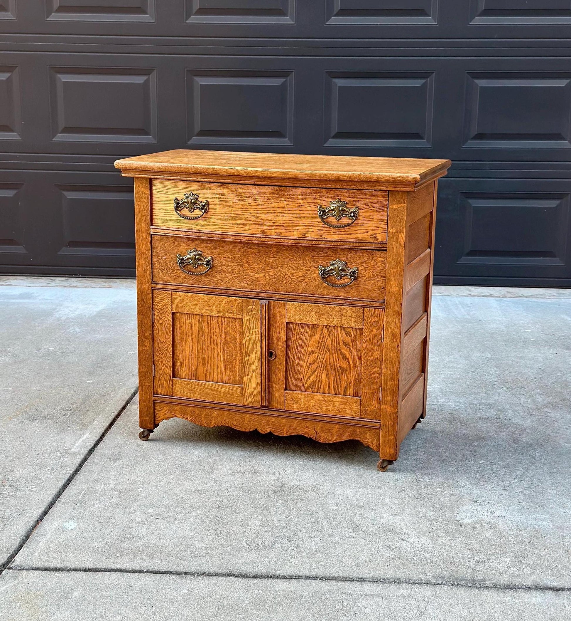 Antique Early 1900's Solid Tiger Oak Accent Storage Arts & Crafts Chest Drawers on Casters