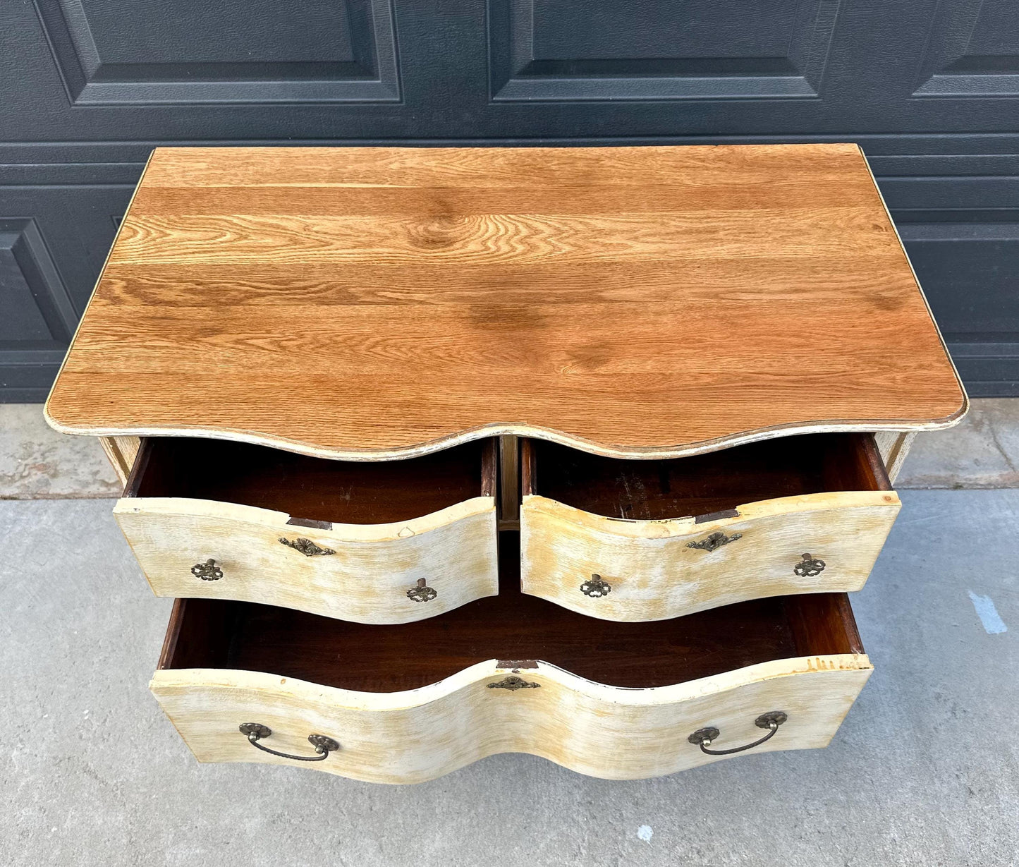 Antique Early 1900's French Solid Oak Wood Three Drawer Serpentine Front Dresser on Casters