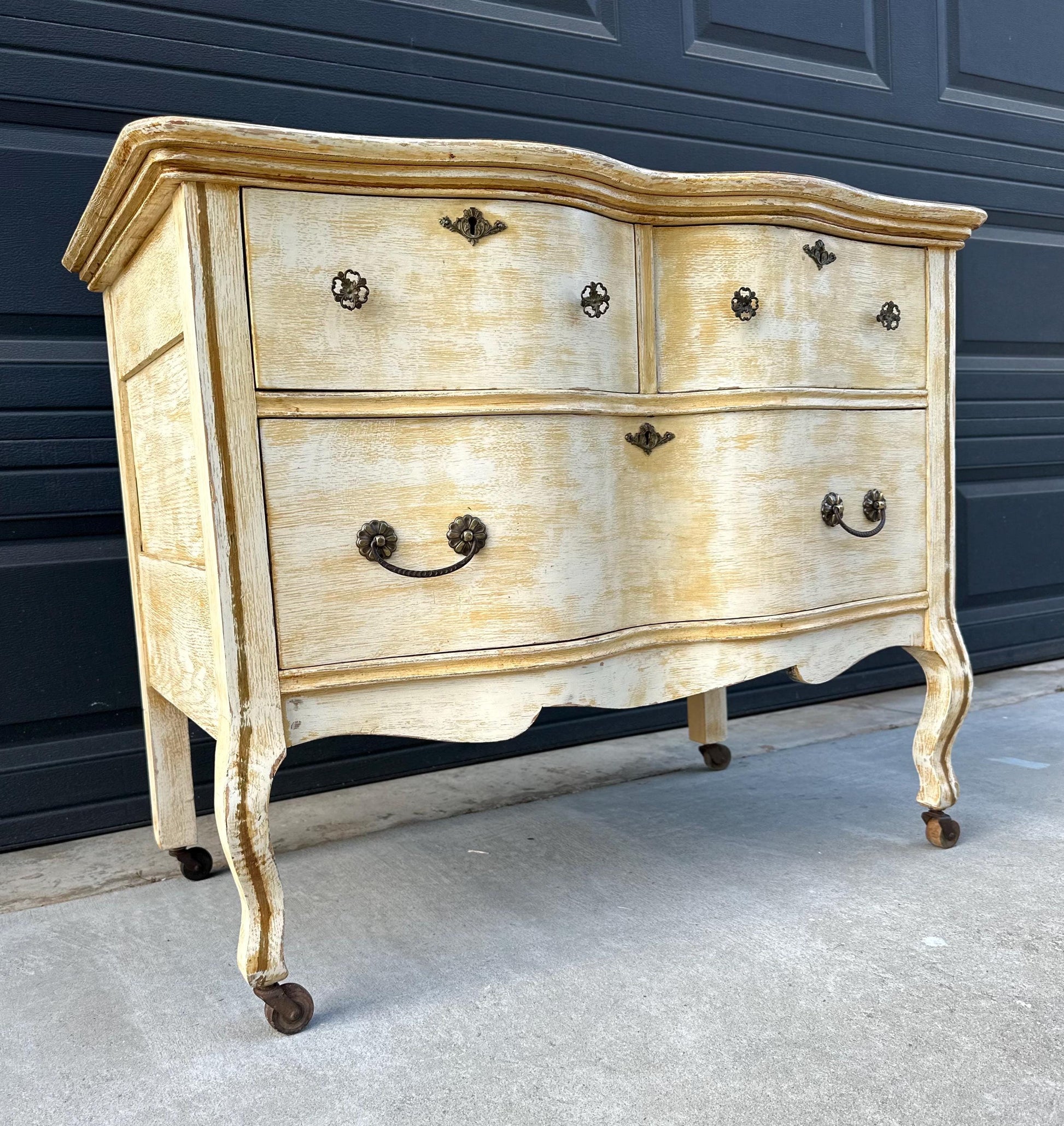 Antique Early 1900's French Solid Oak Wood Three Drawer Serpentine Front Dresser on Casters