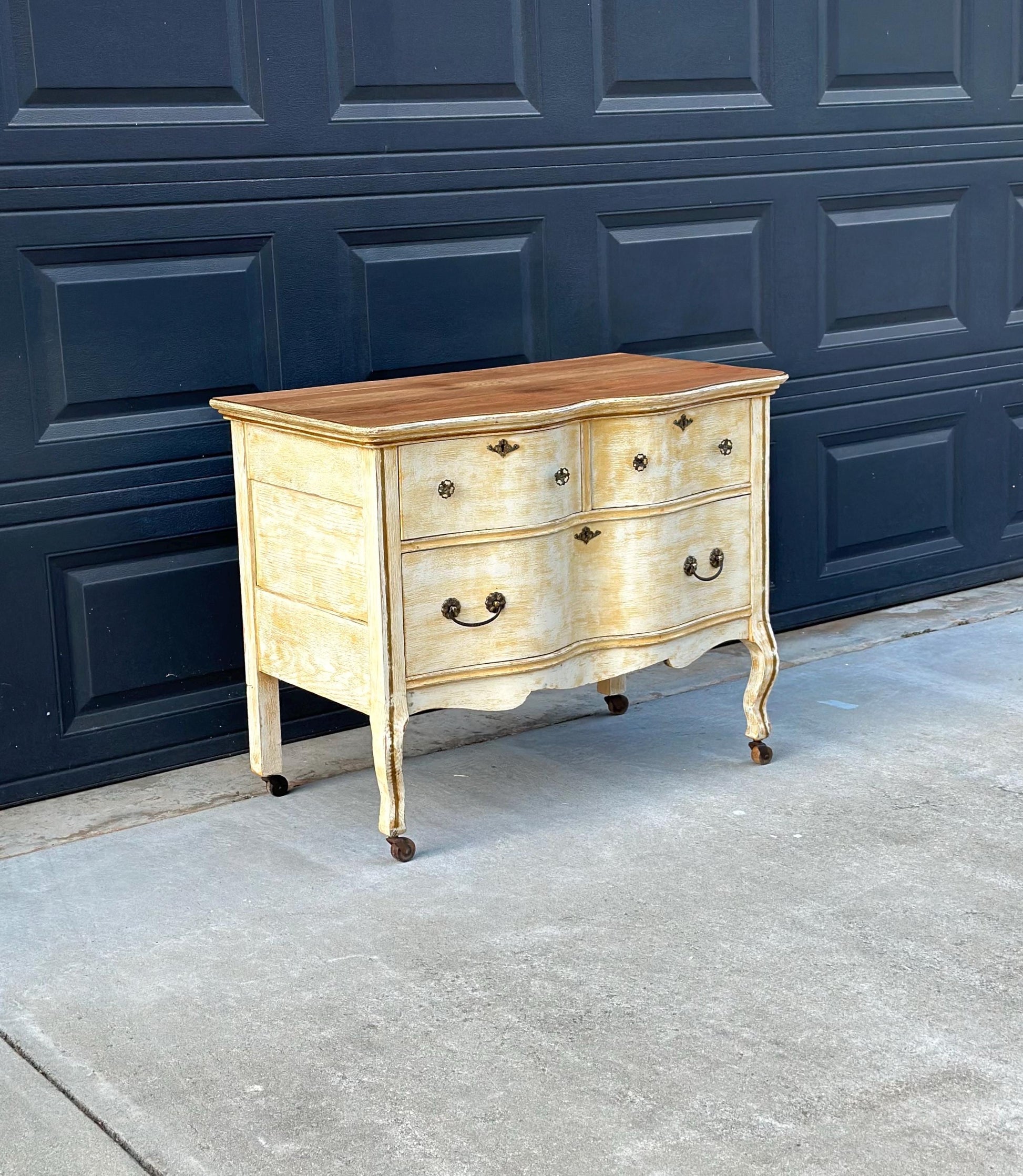 Antique Early 1900's French Solid Oak Wood Three Drawer Serpentine Front Dresser on Casters