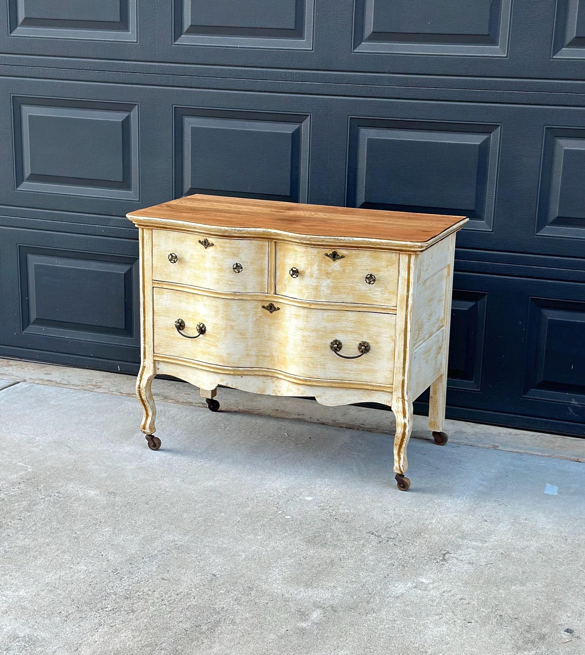 Antique Early 1900's French Solid Oak Wood Three Drawer Serpentine Front Dresser on Casters