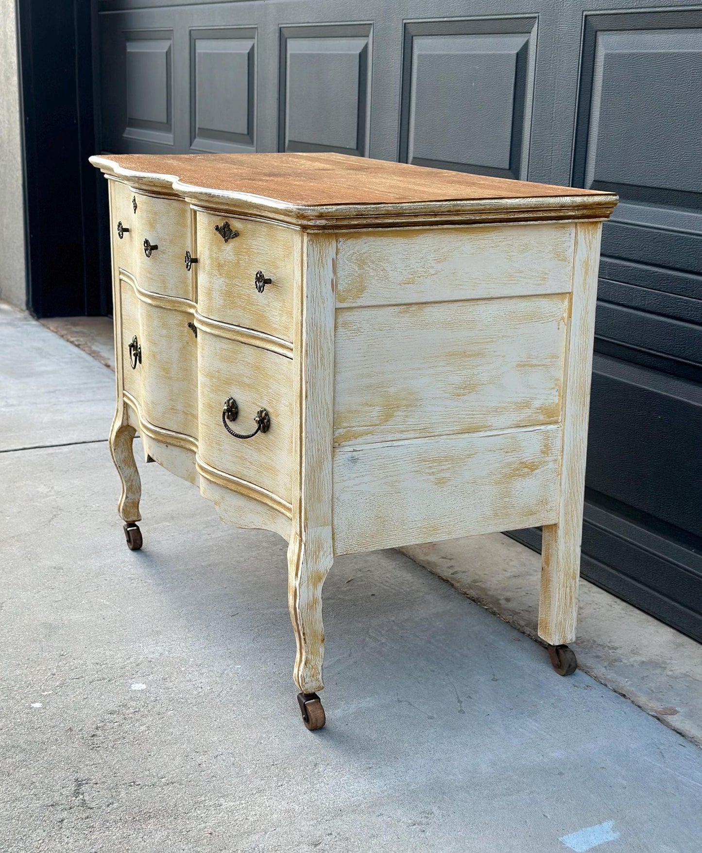 Antique Early 1900's French Solid Oak Wood Three Drawer Serpentine Front Dresser on Casters