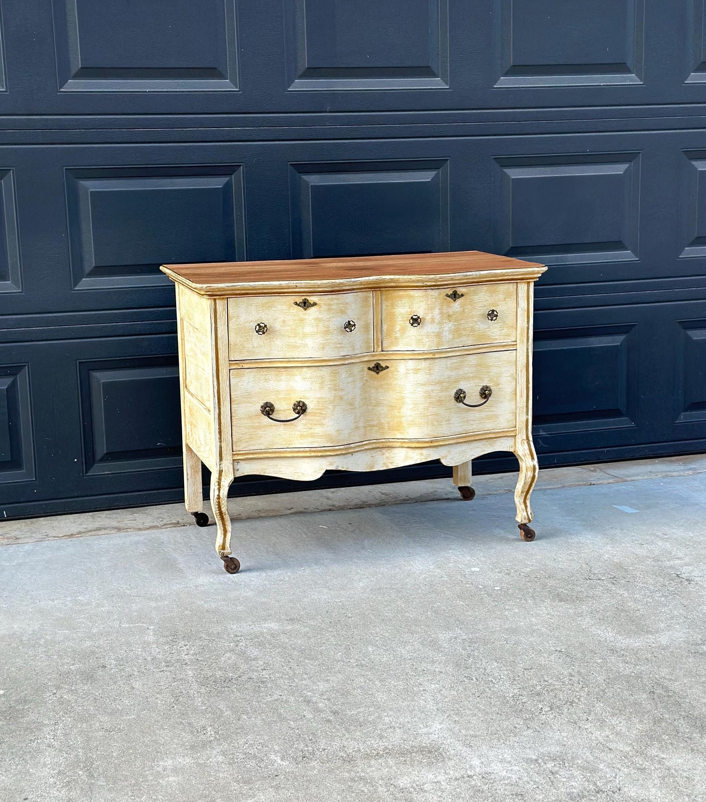 Antique Early 1900's French Solid Oak Wood Three Drawer Serpentine Front Dresser on Casters