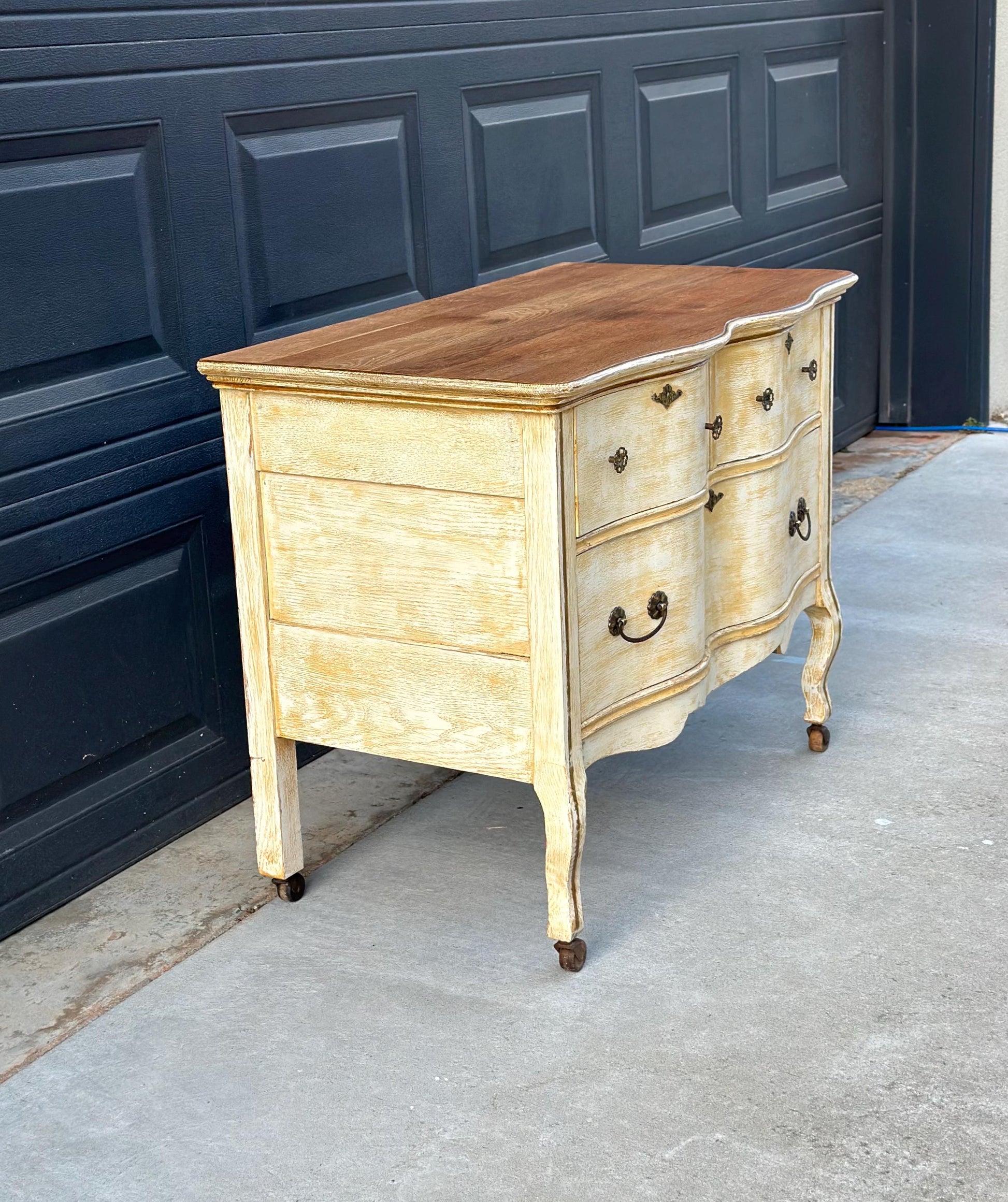 Antique Early 1900's French Solid Oak Wood Three Drawer Serpentine Front Dresser on Casters