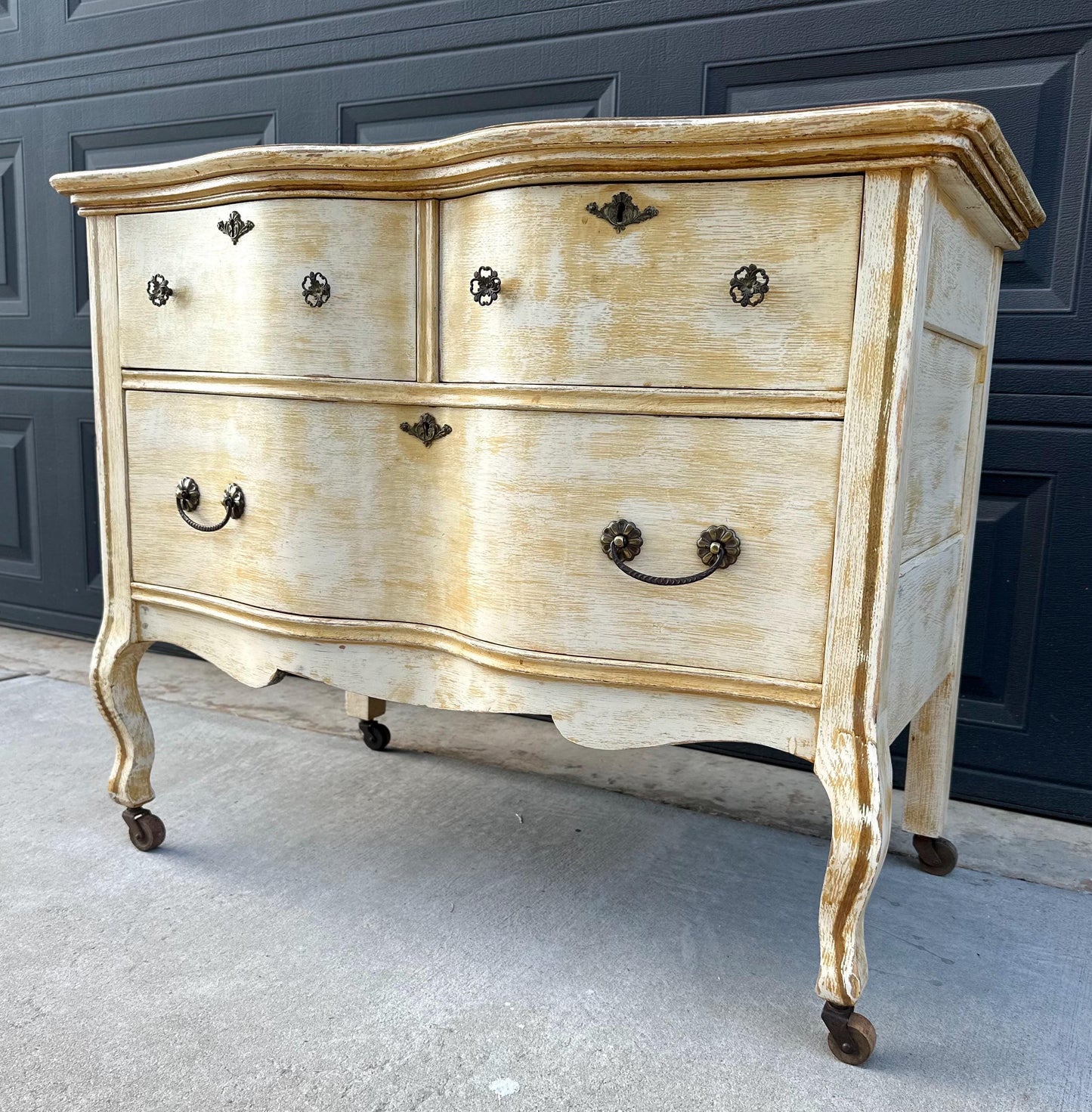Antique Early 1900's French Solid Oak Wood Three Drawer Serpentine Front Dresser on Casters