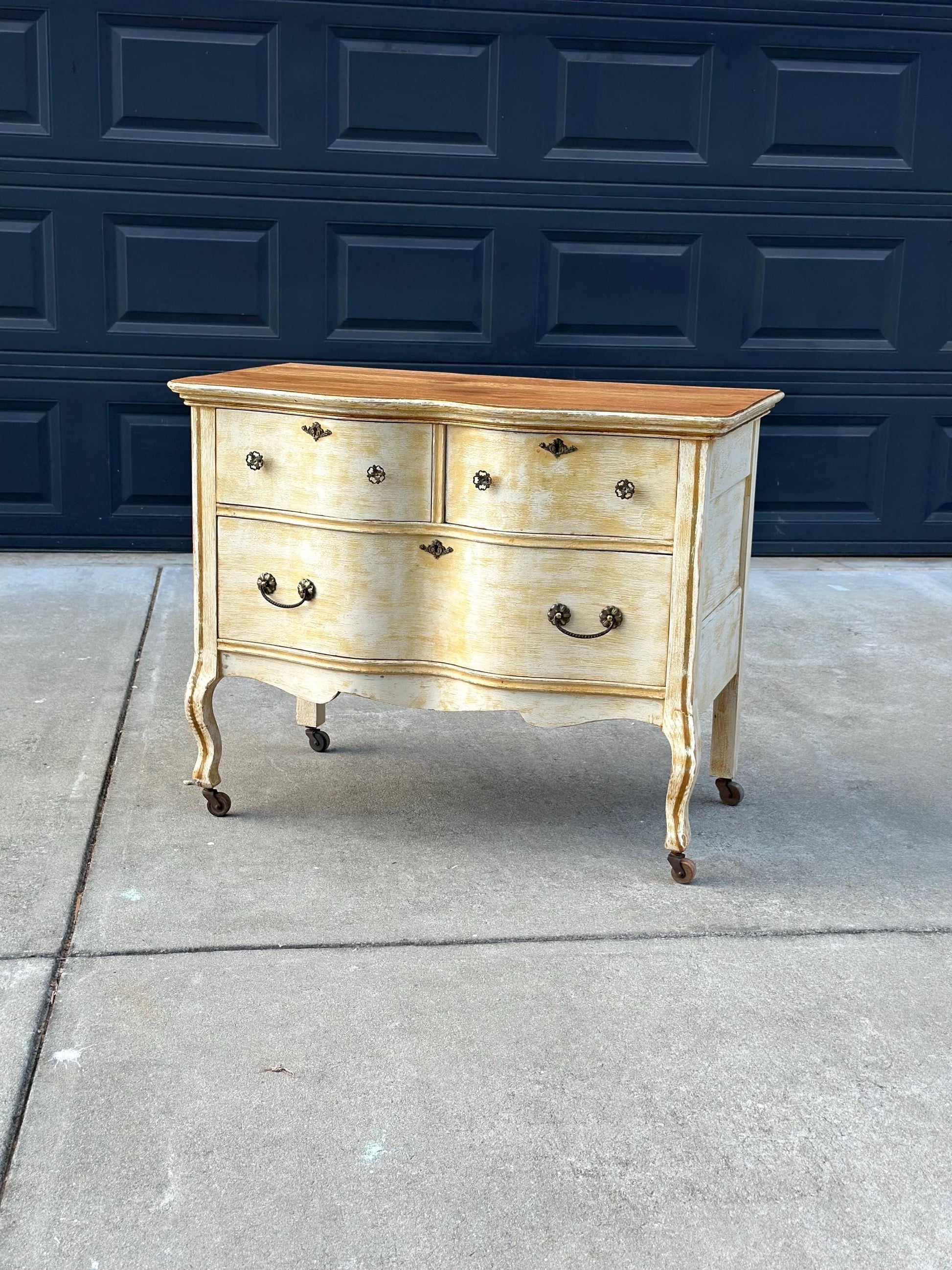 Antique Early 1900's French Solid Oak Wood Three Drawer Serpentine Front Dresser on Casters
