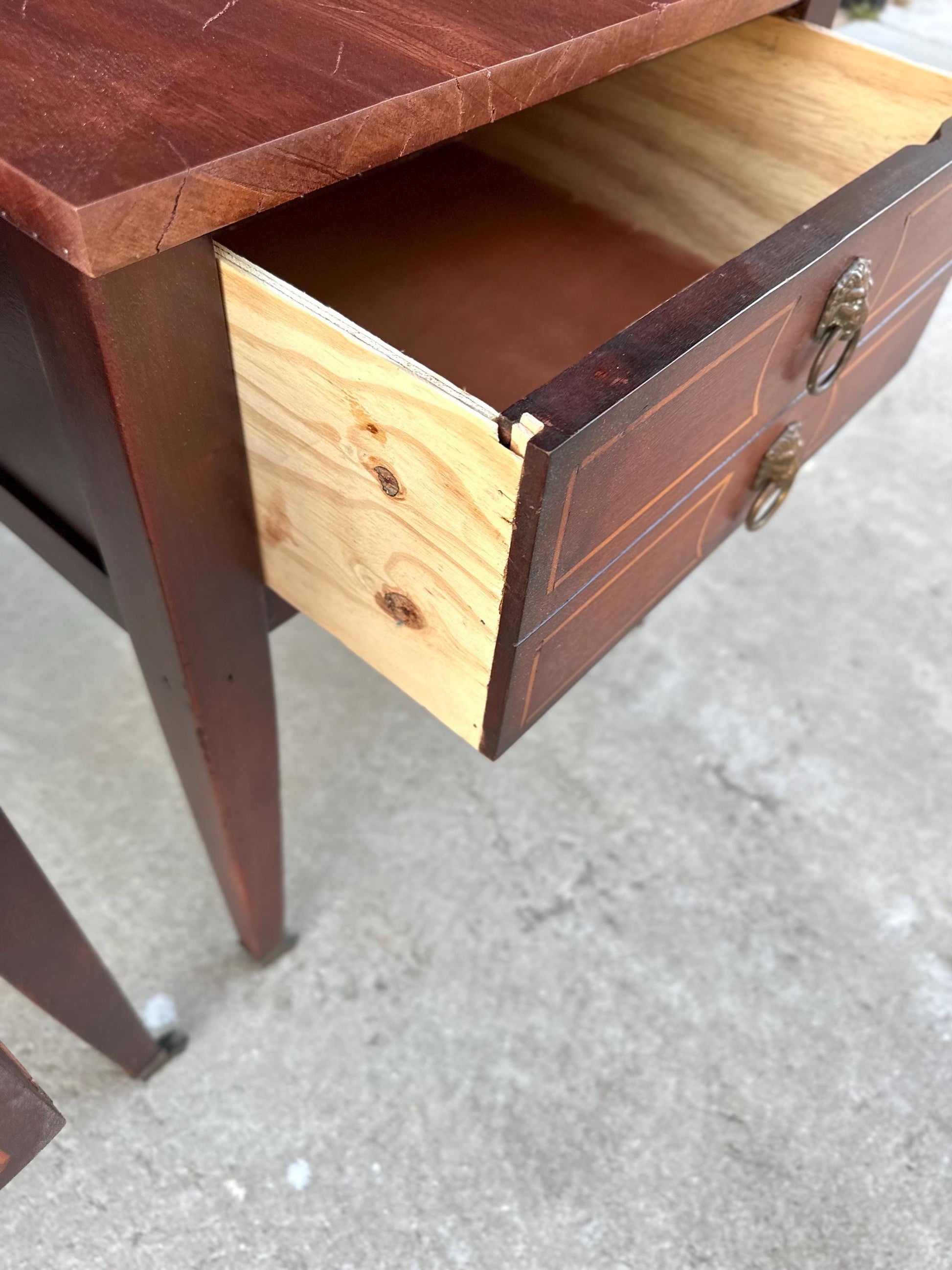 Antique Early 1900's Solid Mahogany Wood Banded Single Drawer Lion Head Tables on Casters - a Pair