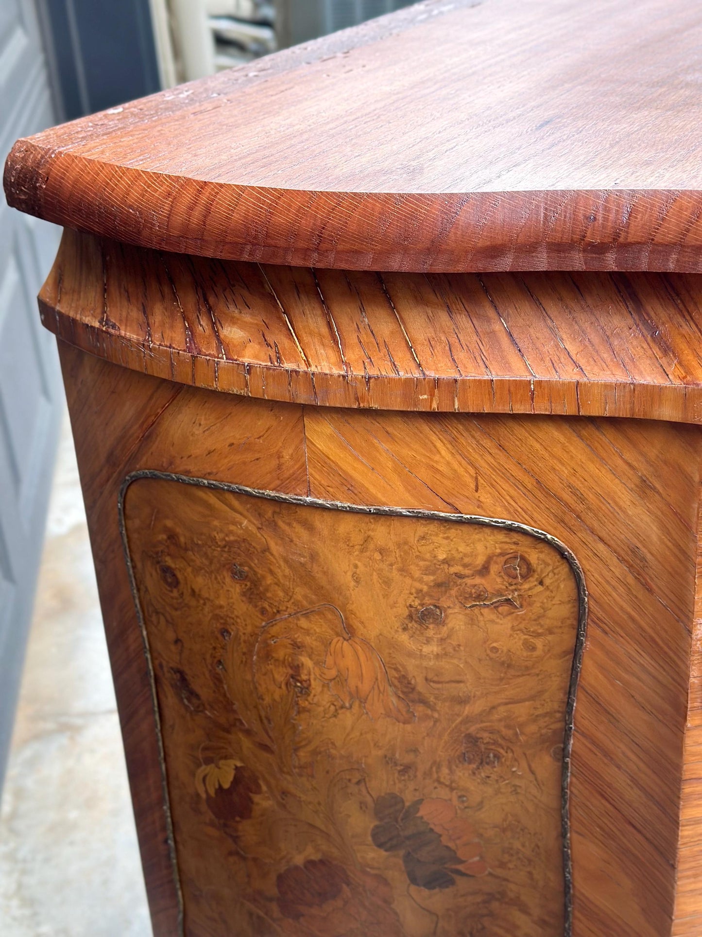 Antique Late 1800's Victorian Floral Burlwood Brass Accent Table Solid Oak Demi Lune Chests with Drawer - a Pair
