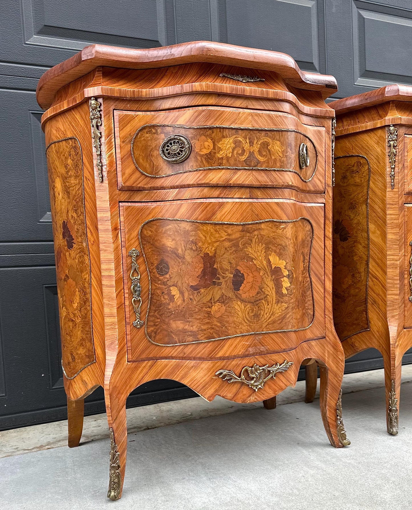 Antique Late 1800's Victorian Floral Burlwood Brass Accent Table Solid Oak Demi Lune Chests with Drawer - a Pair