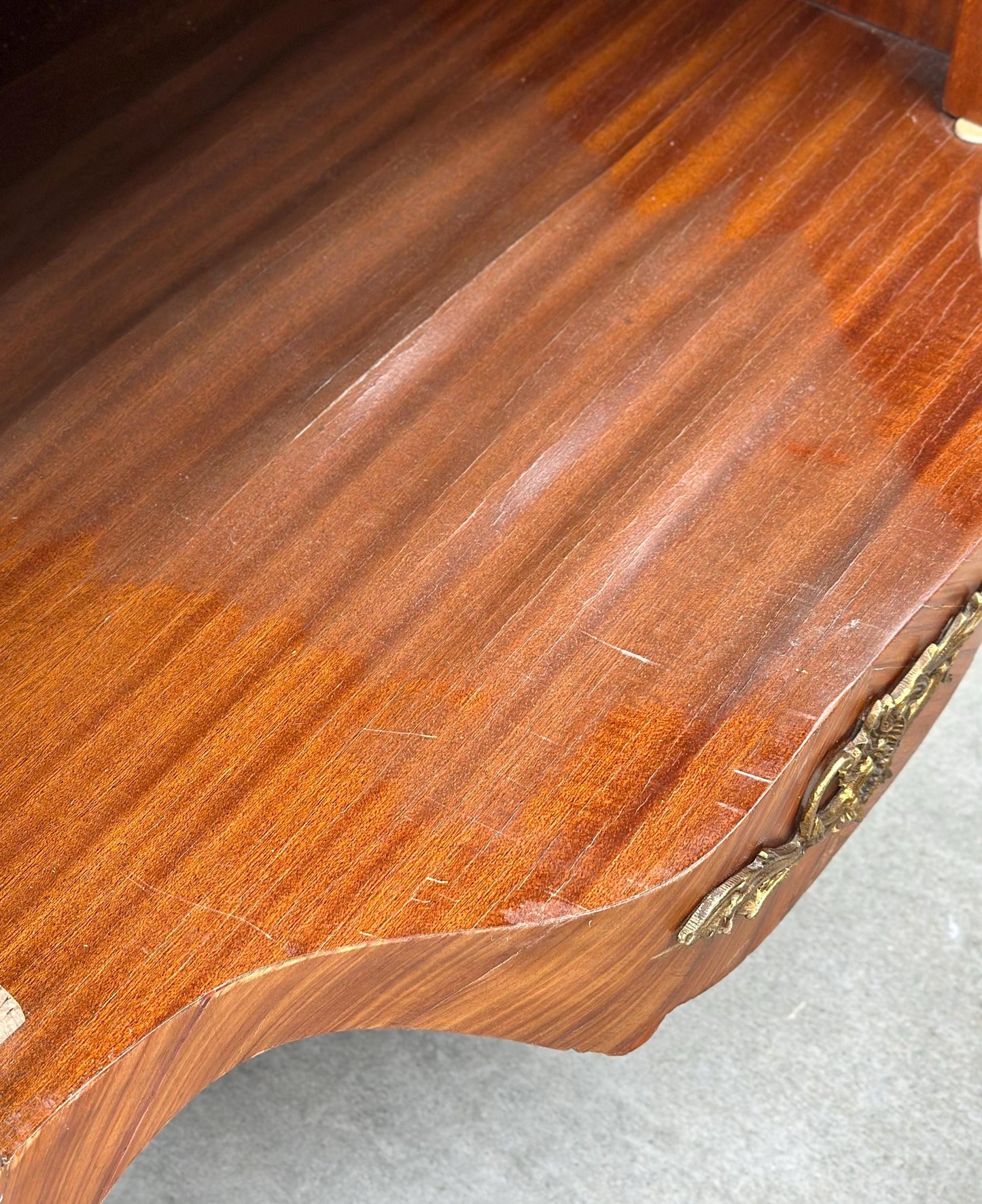 Antique Late 1800's Victorian Floral Burlwood Brass Accent Table Solid Oak Demi Lune Chests with Drawer - a Pair
