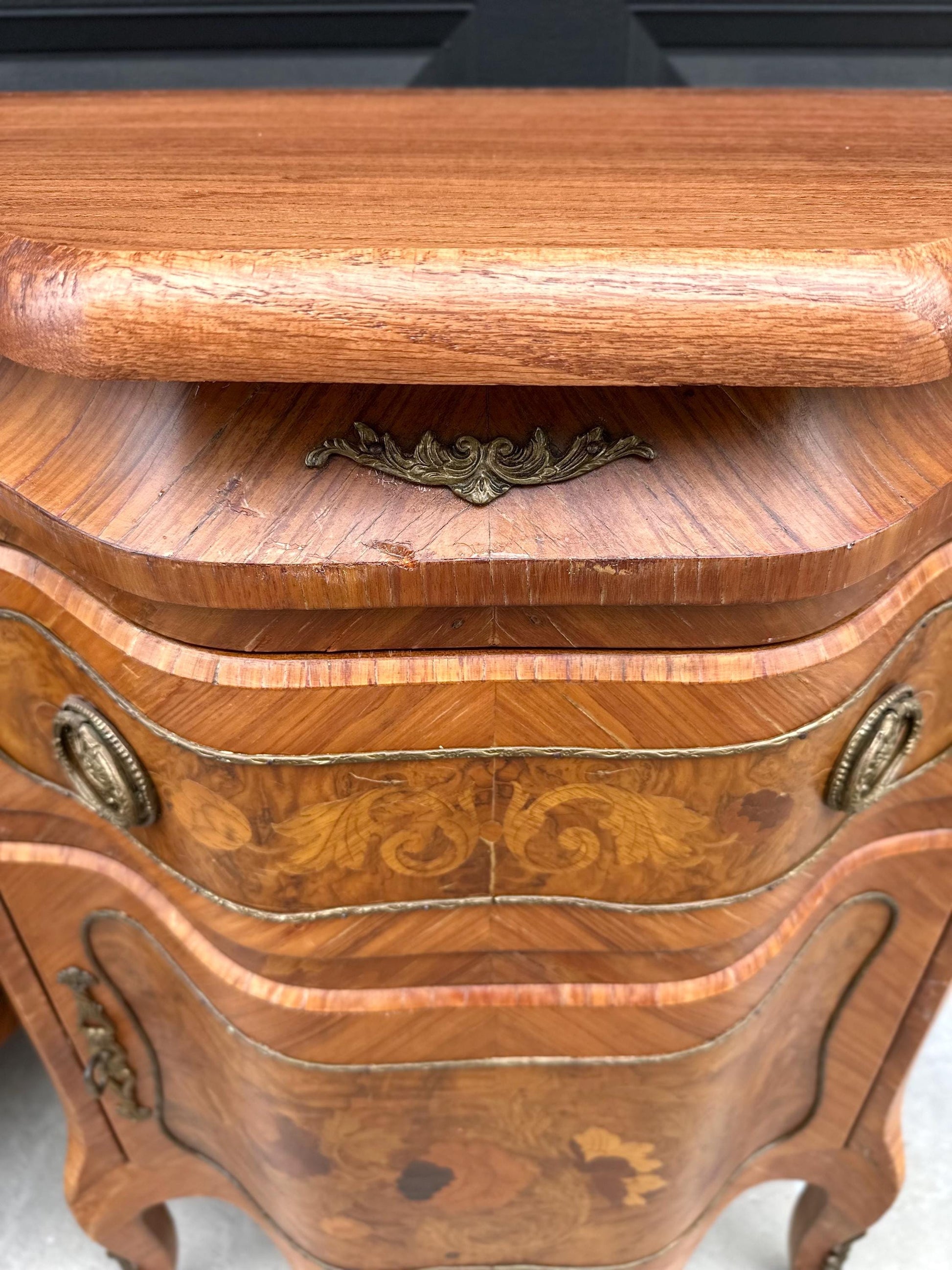 Antique Late 1800's Victorian Floral Burlwood Brass Accent Table Solid Oak Demi Lune Chests with Drawer - a Pair