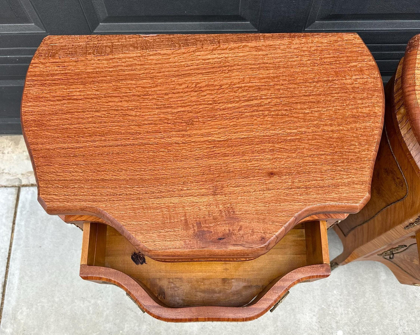 Antique Late 1800's Victorian Floral Burlwood Brass Accent Table Solid Oak Demi Lune Chests with Drawer - a Pair