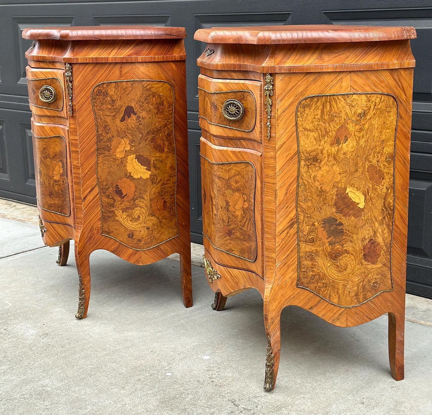 Antique Late 1800's Victorian Floral Burlwood Brass Accent Table Solid Oak Demi Lune Chests with Drawer - a Pair