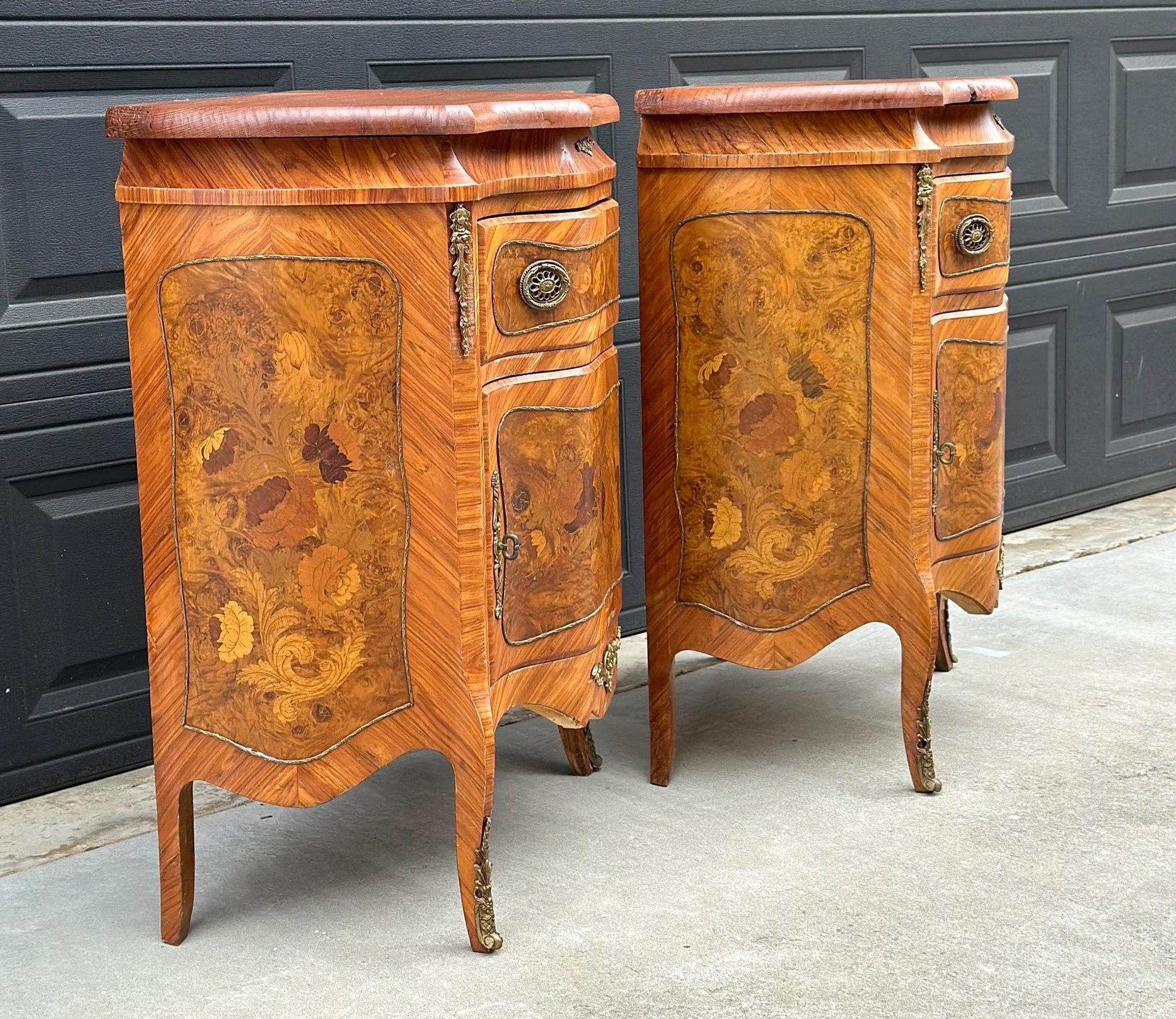 Antique Late 1800's Victorian Floral Burlwood Brass Accent Table Solid Oak Demi Lune Chests with Drawer - a Pair