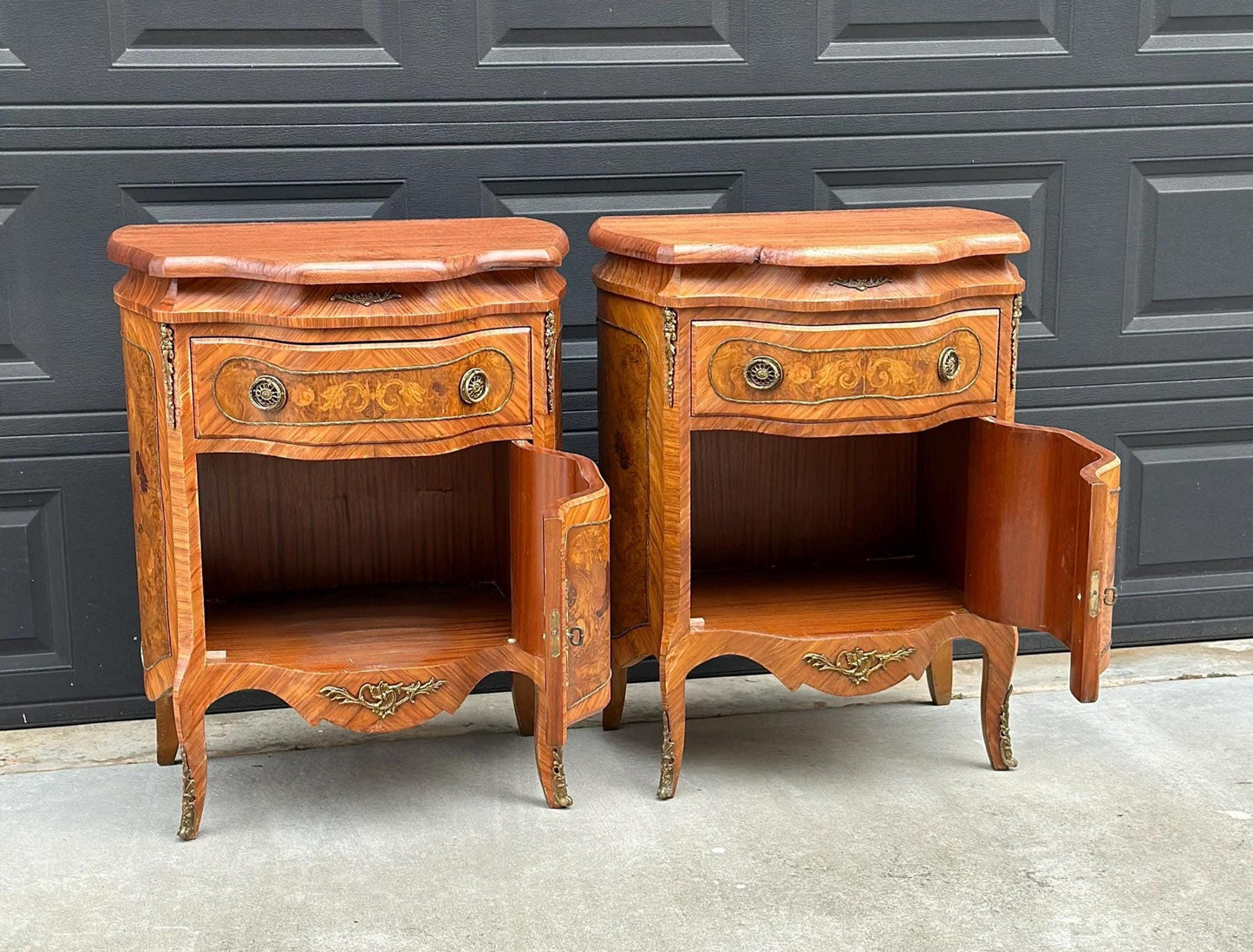 Antique Late 1800's Victorian Floral Burlwood Brass Accent Table Solid Oak Demi Lune Chests with Drawer - a Pair