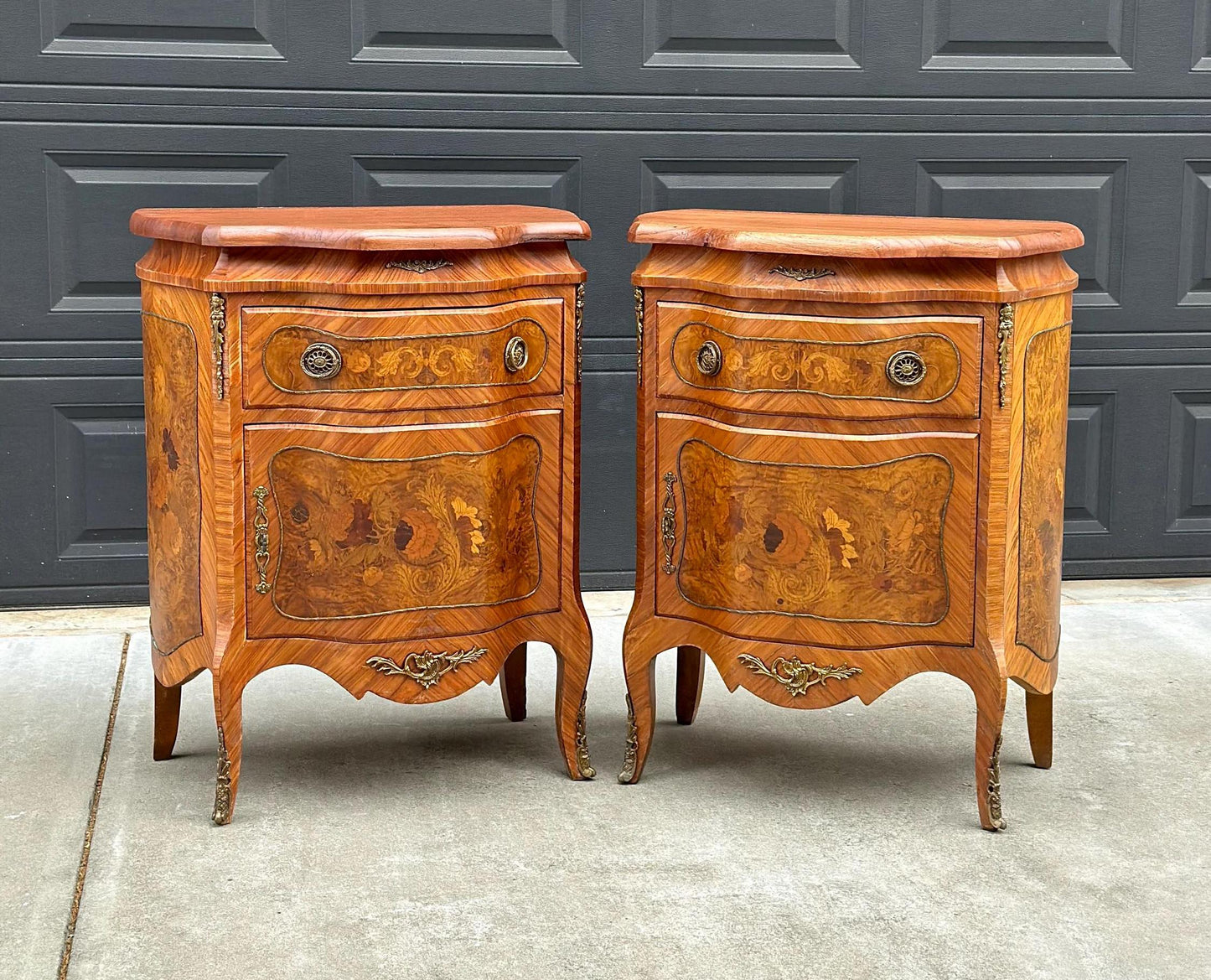 Antique Late 1800's Victorian Floral Burlwood Brass Accent Table Solid Oak Demi Lune Chests with Drawer - a Pair
