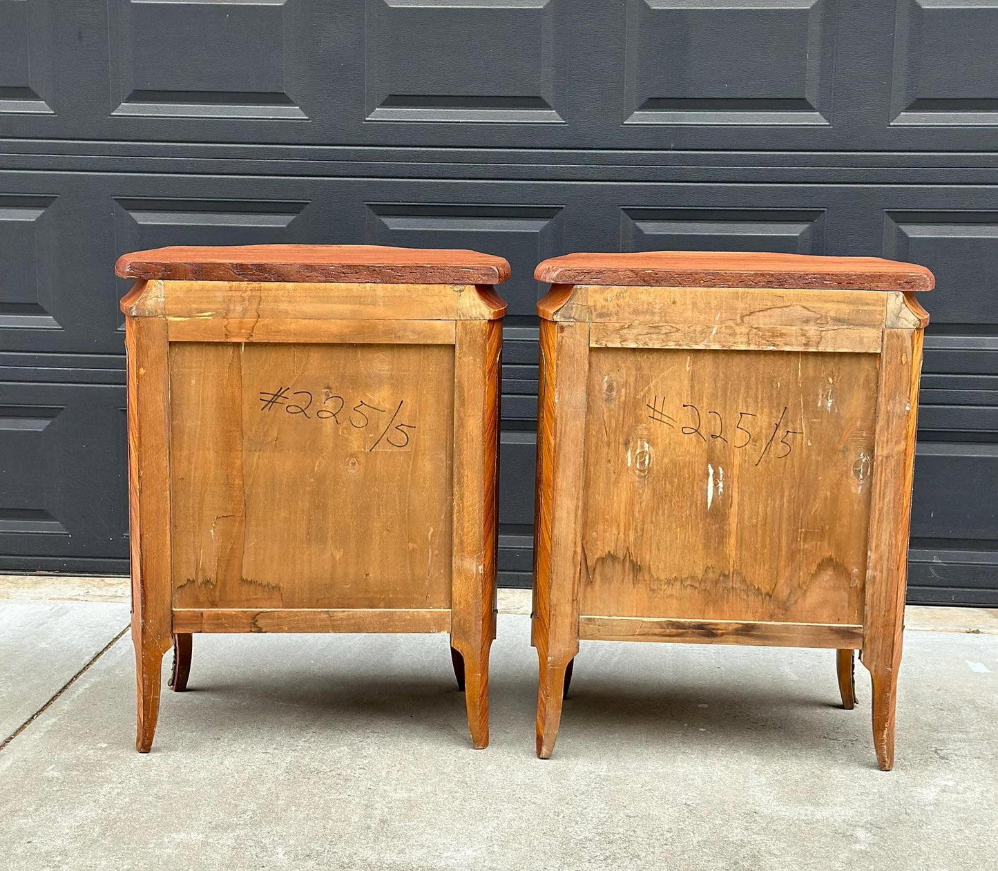 Antique Late 1800's Victorian Floral Burlwood Brass Accent Table Solid Oak Demi Lune Chests with Drawer - a Pair