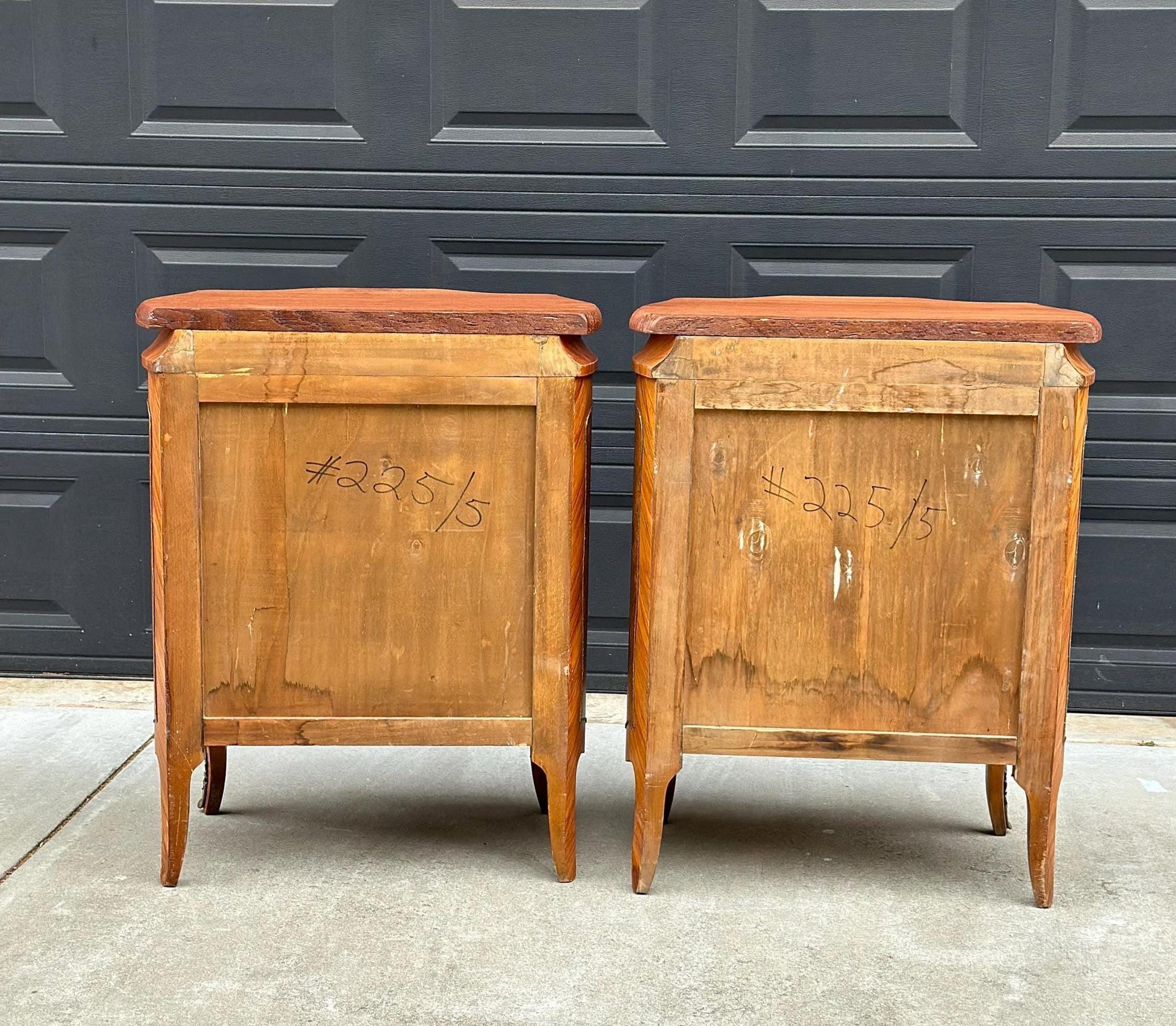 Antique Late 1800's Victorian Floral Burlwood Brass Accent Table Solid Oak Demi Lune Chests with Drawer - a Pair