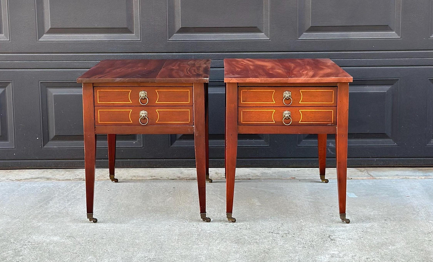 Antique Early 1900's Solid Mahogany Wood Banded Single Drawer Lion Head Tables on Casters - a Pair