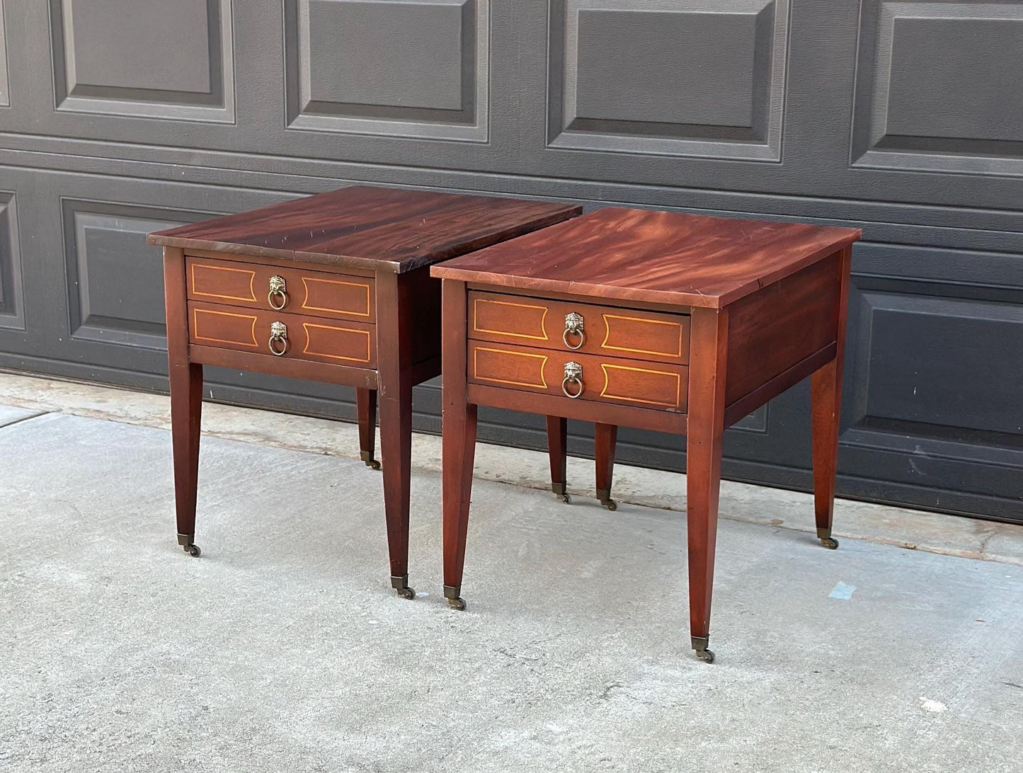 Antique Early 1900's Solid Mahogany Wood Banded Single Drawer Lion Head Tables on Casters - a Pair