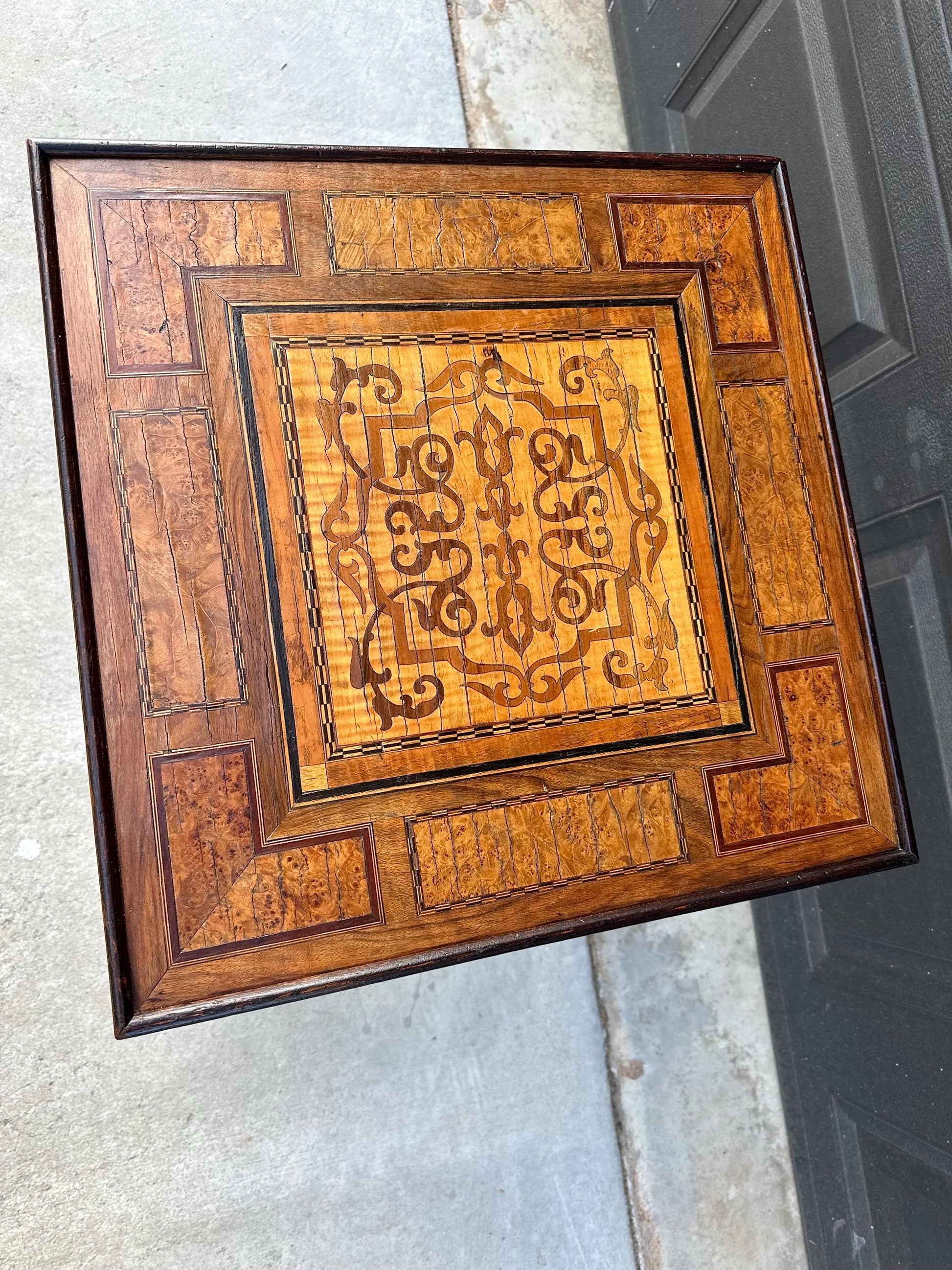 Antique Mid 1800's Emil Ihle Intricate Burl Wood Inlay Turned Leg End Table