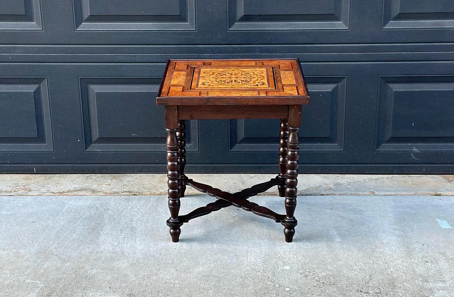 Antique Mid 1800's Emil Ihle Intricate Burl Wood Inlay Turned Leg End Table