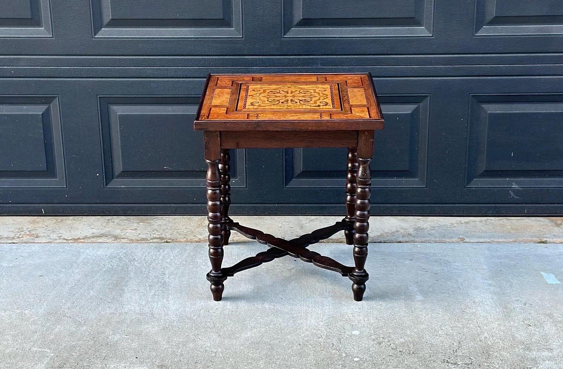 Antique Mid 1800's Emil Ihle Intricate Burl Wood Inlay Turned Leg End Table