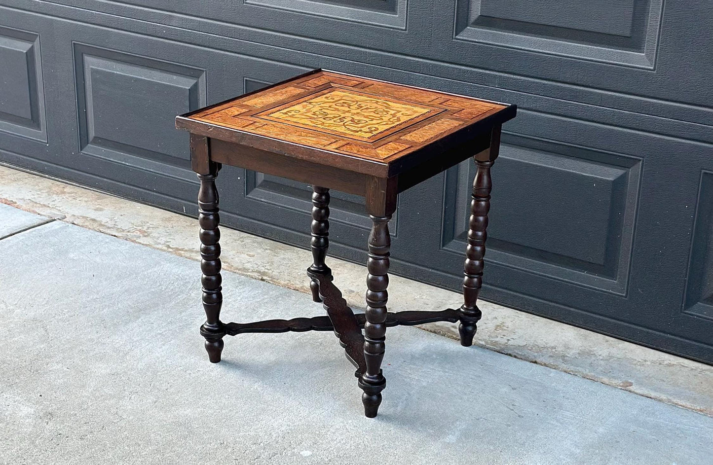 Antique Mid 1800's Emil Ihle Intricate Burl Wood Inlay Turned Leg End Table