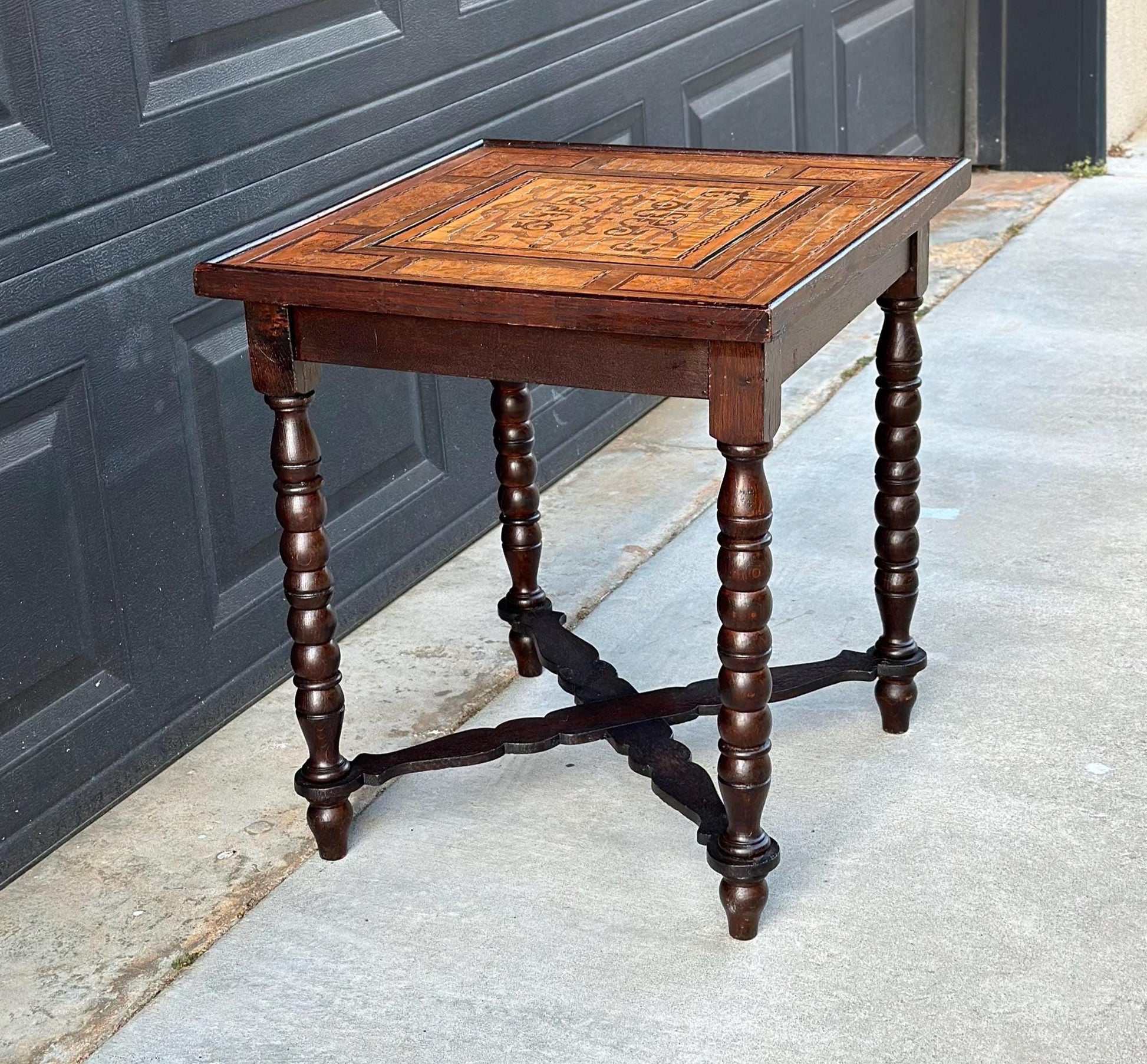 Antique Mid 1800's Emil Ihle Intricate Burl Wood Inlay Turned Leg End Table
