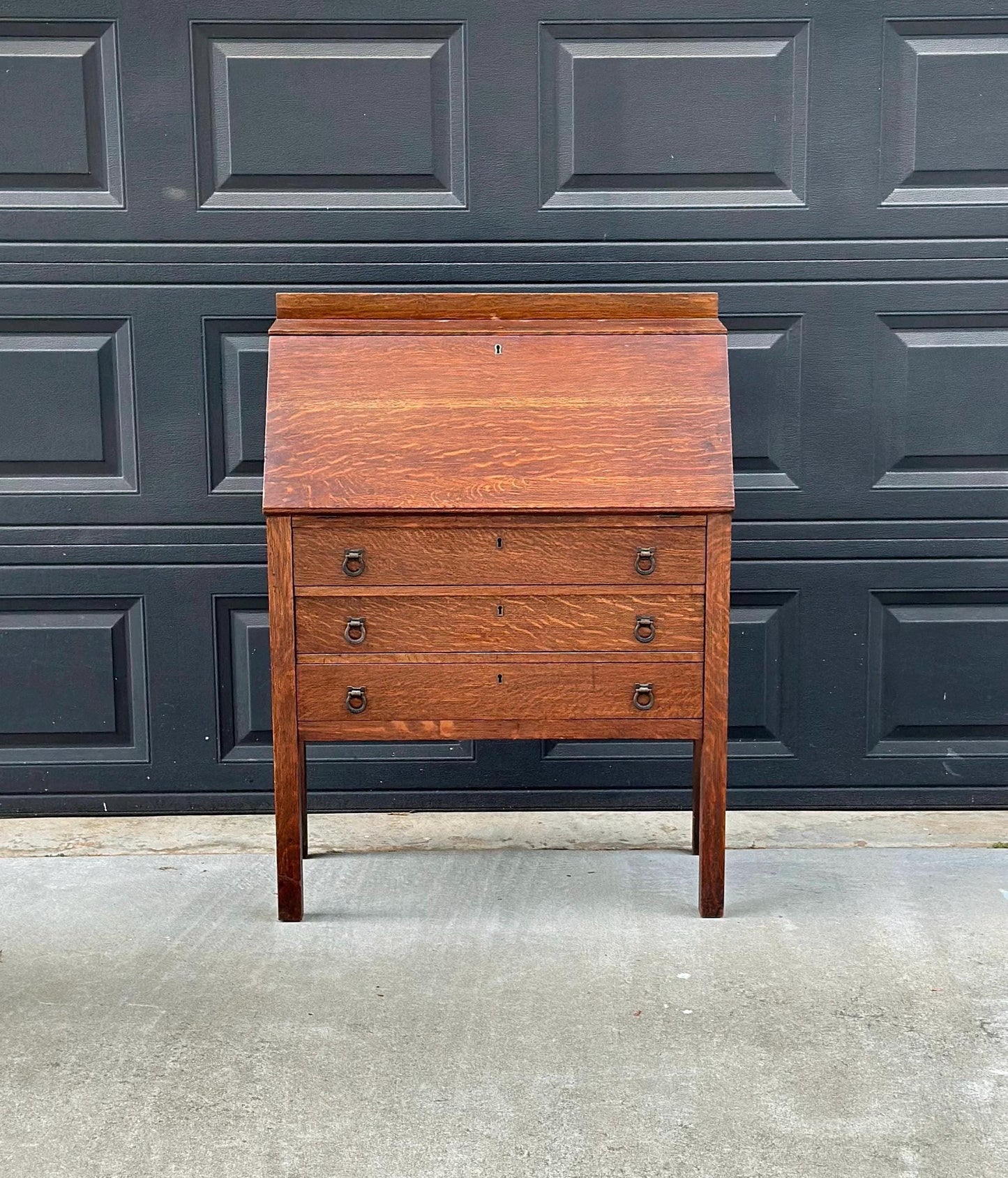 Vintage Early 20th Century Quarter Sawn Oak Drop Front Desk with Drawers - Solid Wood Accent Chest with Ring Pulls