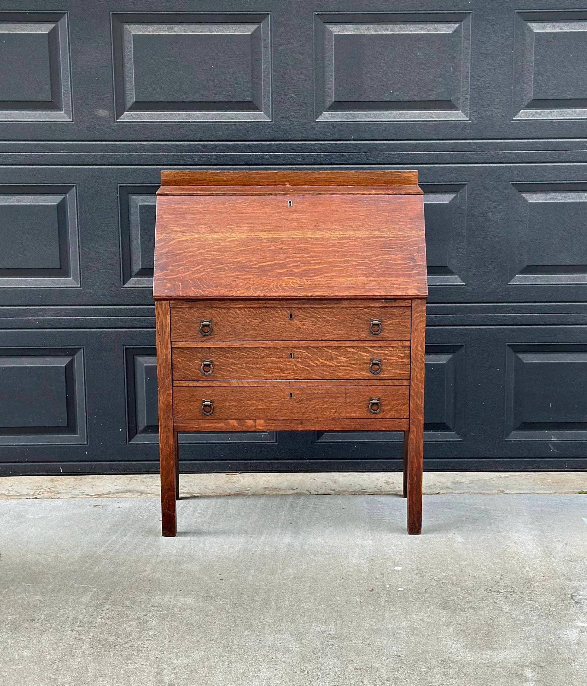 Vintage Early 20th Century Quarter Sawn Oak Drop Front Desk with Drawers - Solid Wood Accent Chest with Ring Pulls