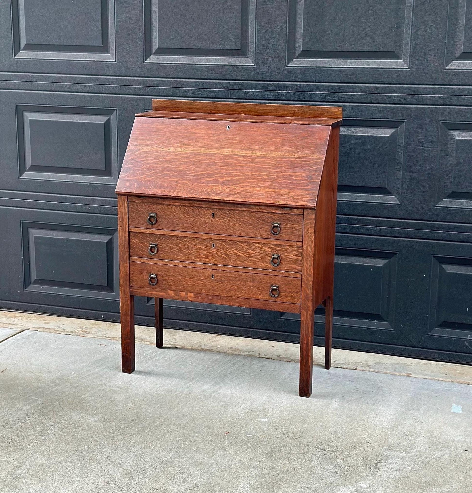 Vintage Early 20th Century Quarter Sawn Oak Drop Front Desk with Drawers - Solid Wood Accent Chest with Ring Pulls