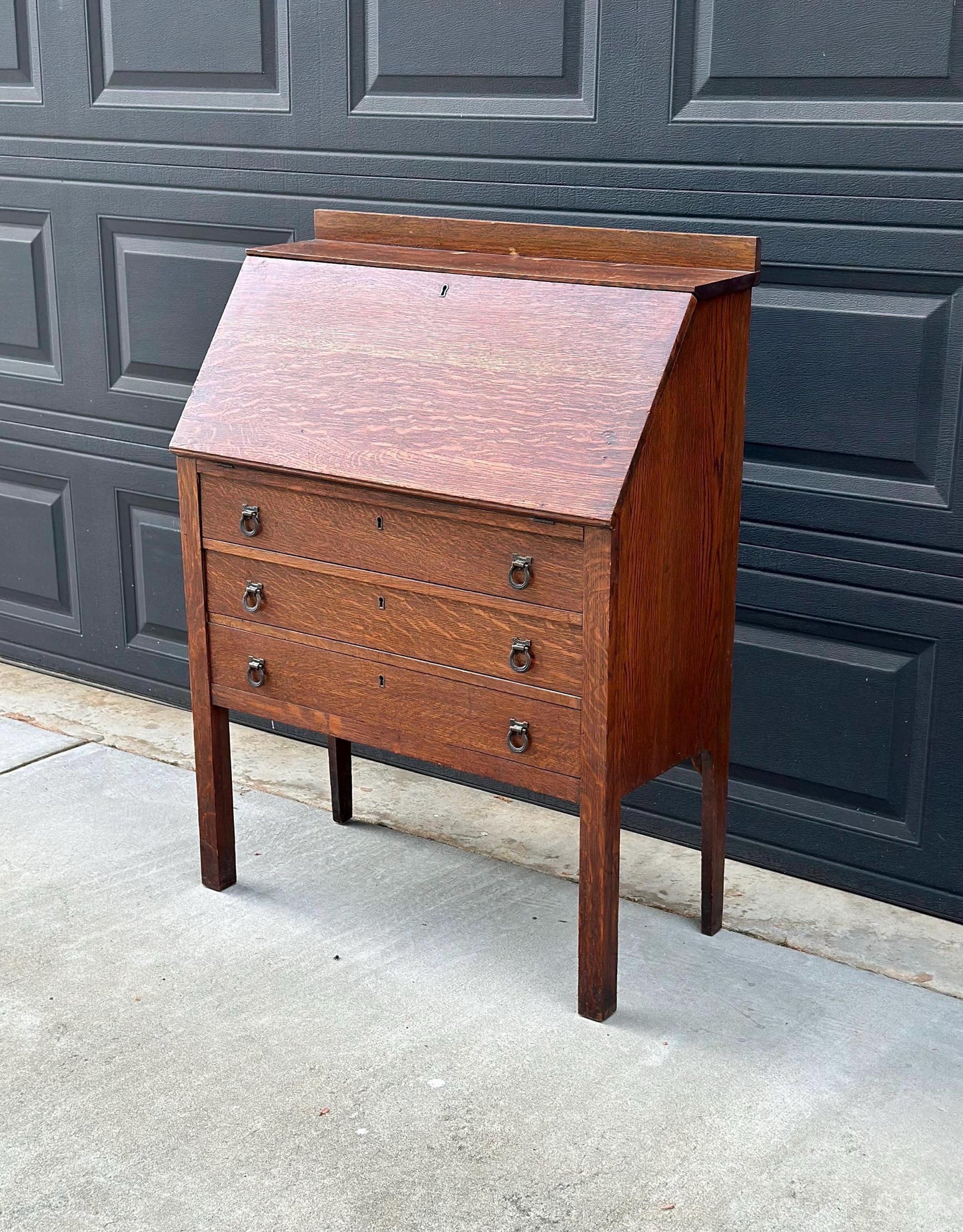 Vintage Early 20th Century Quarter Sawn Oak Drop Front Desk with Drawers - Solid Wood Accent Chest with Ring Pulls