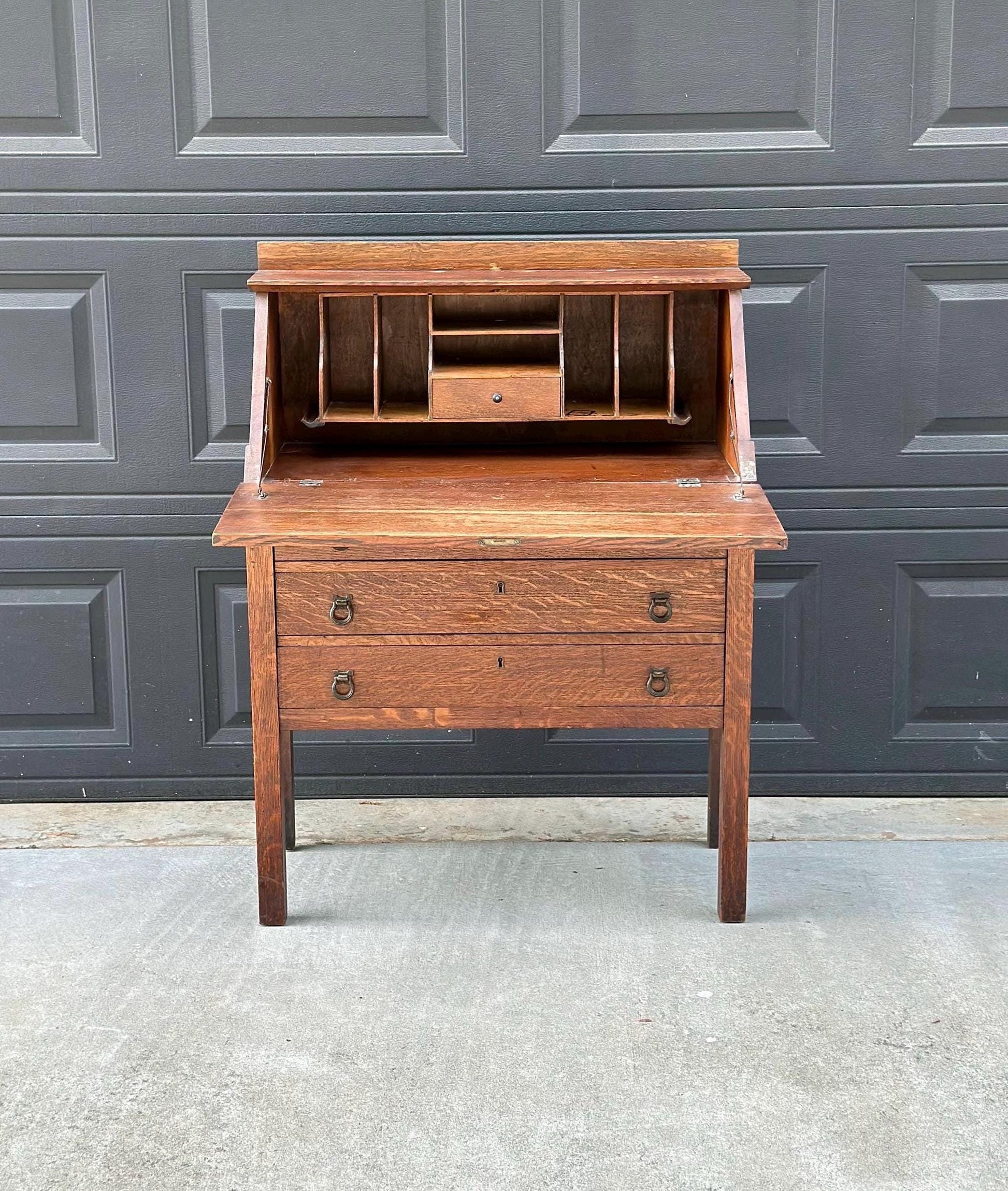 Vintage Early 20th Century Quarter Sawn Oak Drop Front Desk with Drawers - Solid Wood Accent Chest with Ring Pulls