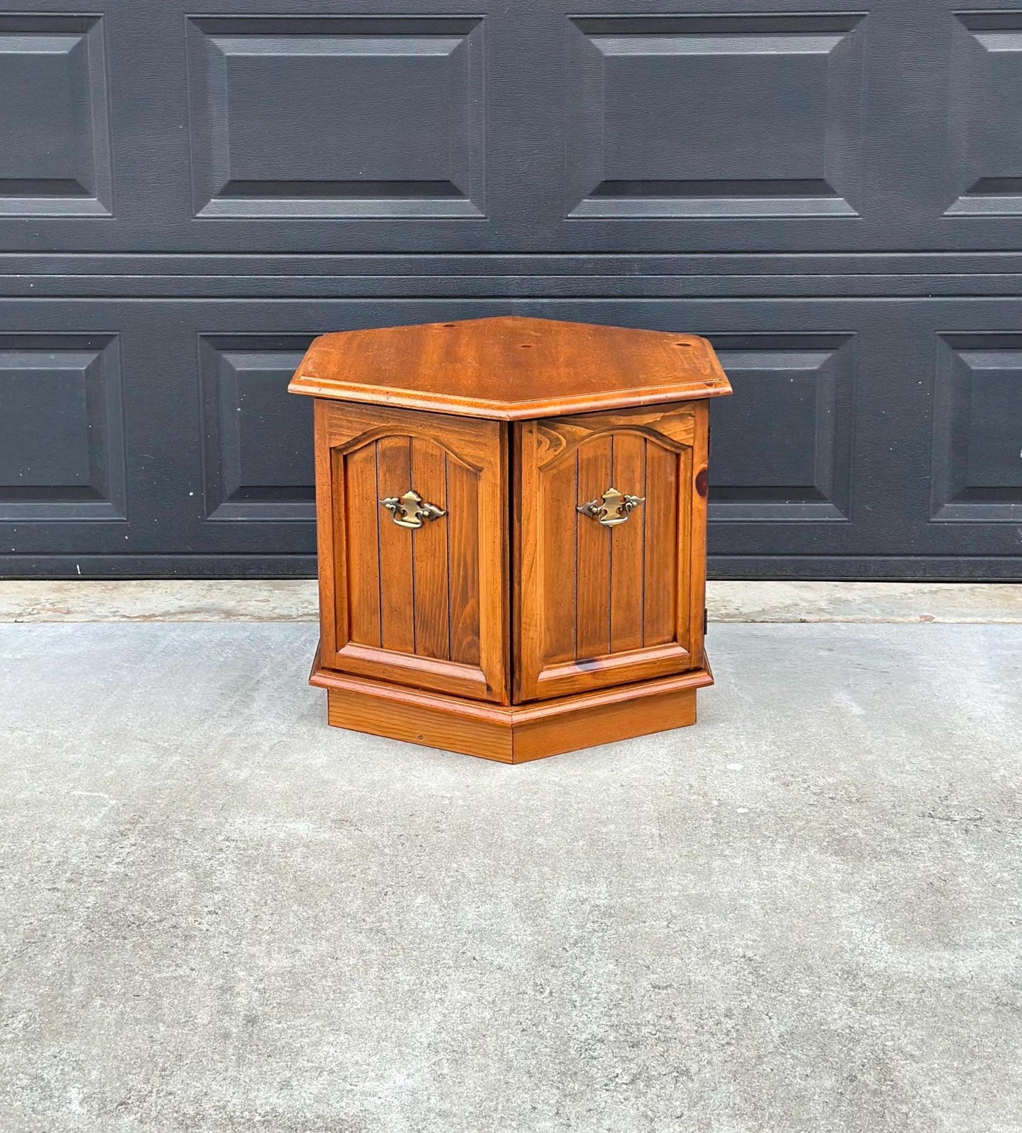 Vintage Mid Century Hexagonal Solid Pine Wood End Table with Cabinet 24" Wide