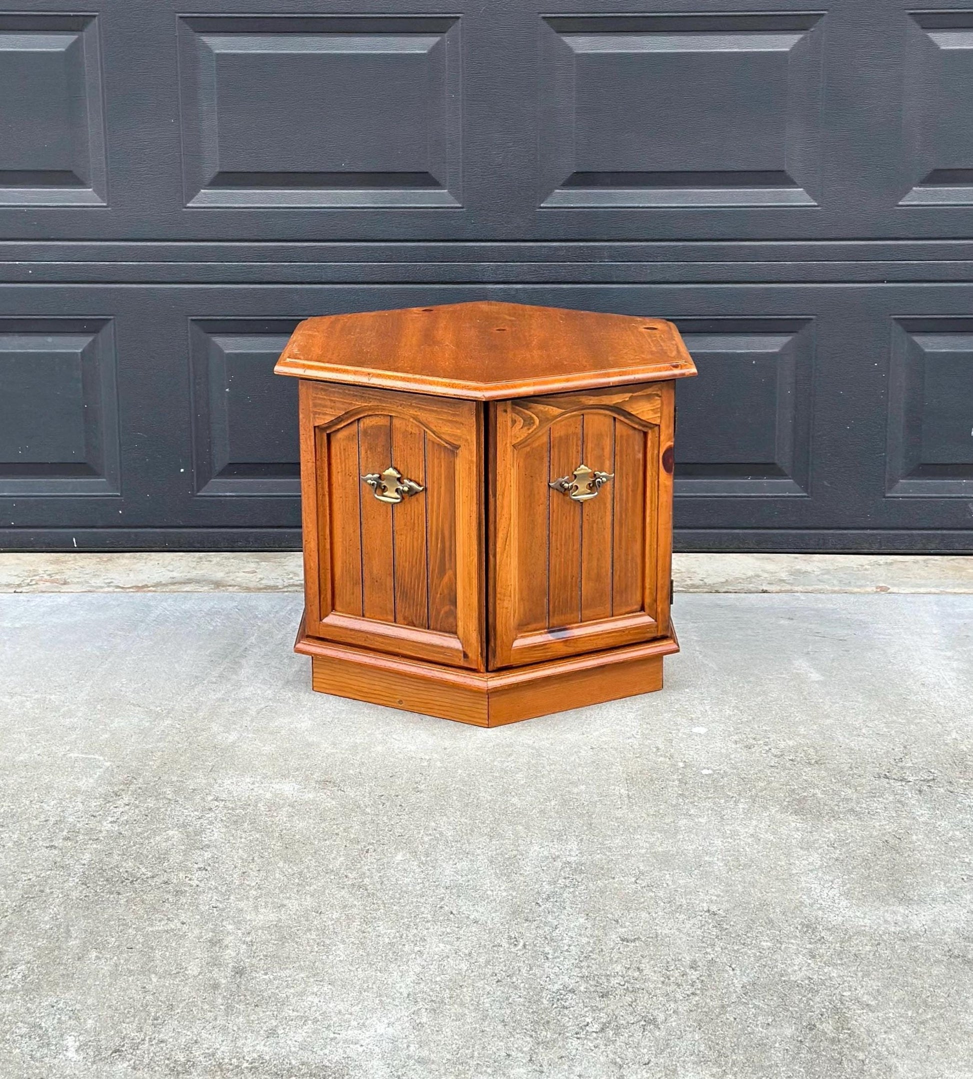 Vintage Mid Century Hexagonal Solid Pine Wood End Table with Cabinet 24" Wide