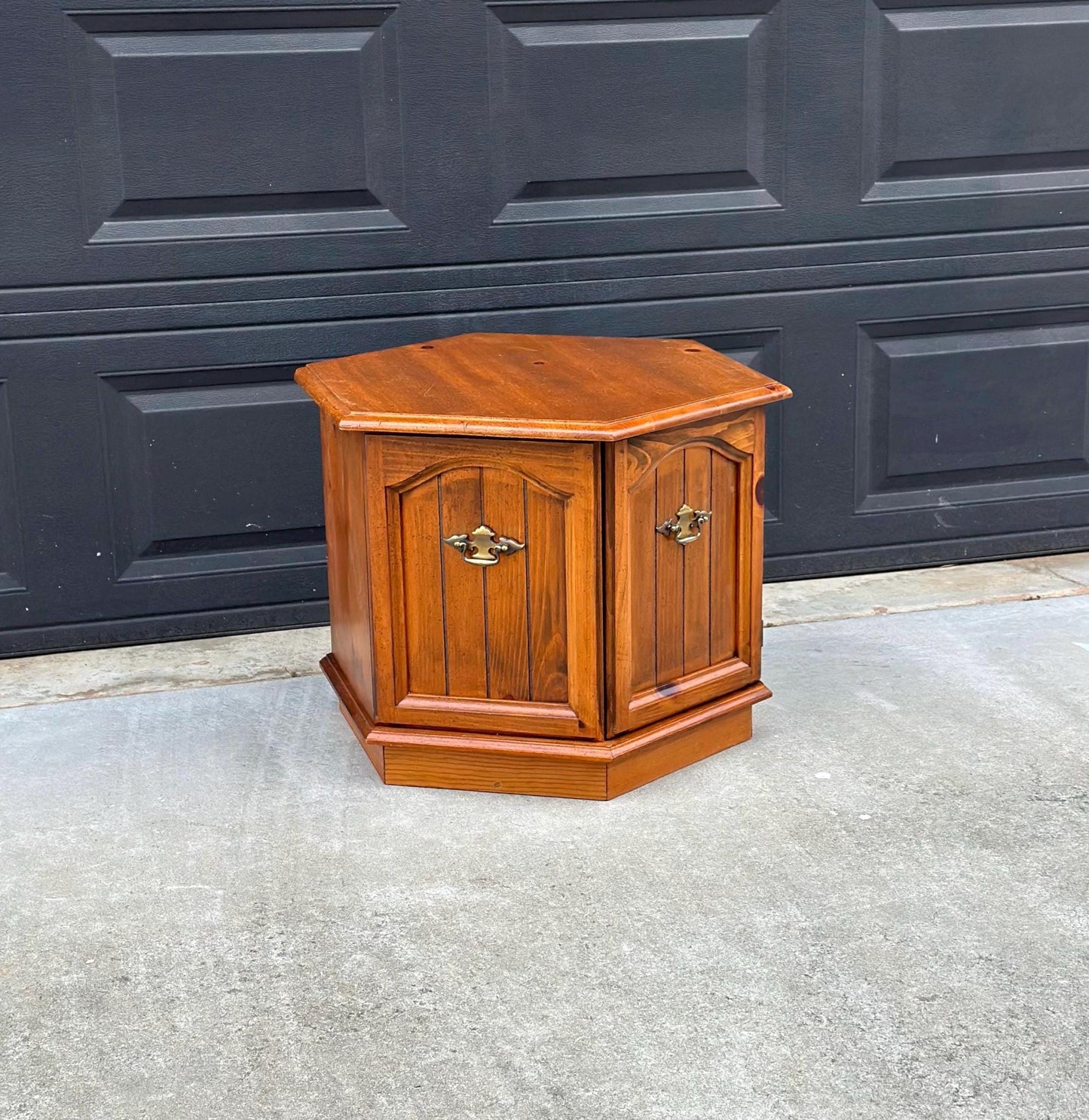 Vintage Mid Century Hexagonal Solid Pine Wood End Table with Cabinet 24" Wide