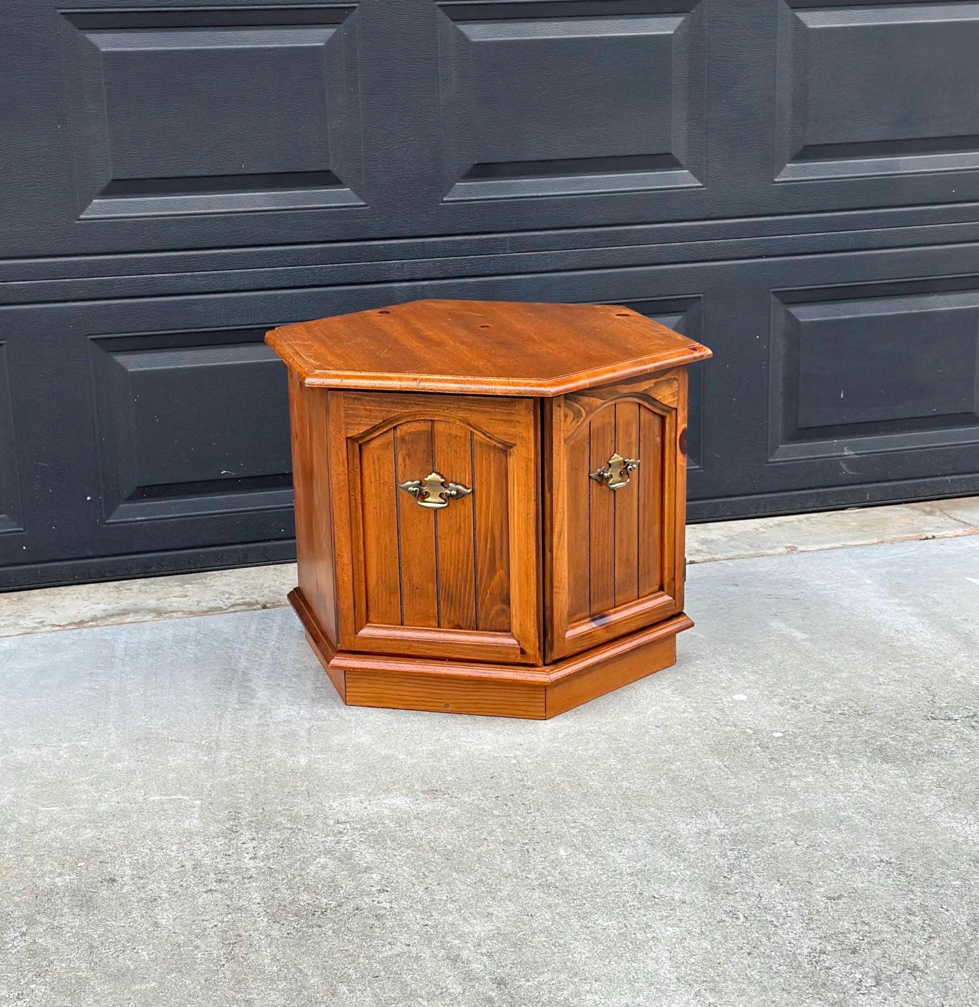 Vintage Mid Century Hexagonal Solid Pine Wood End Table with Cabinet 24" Wide