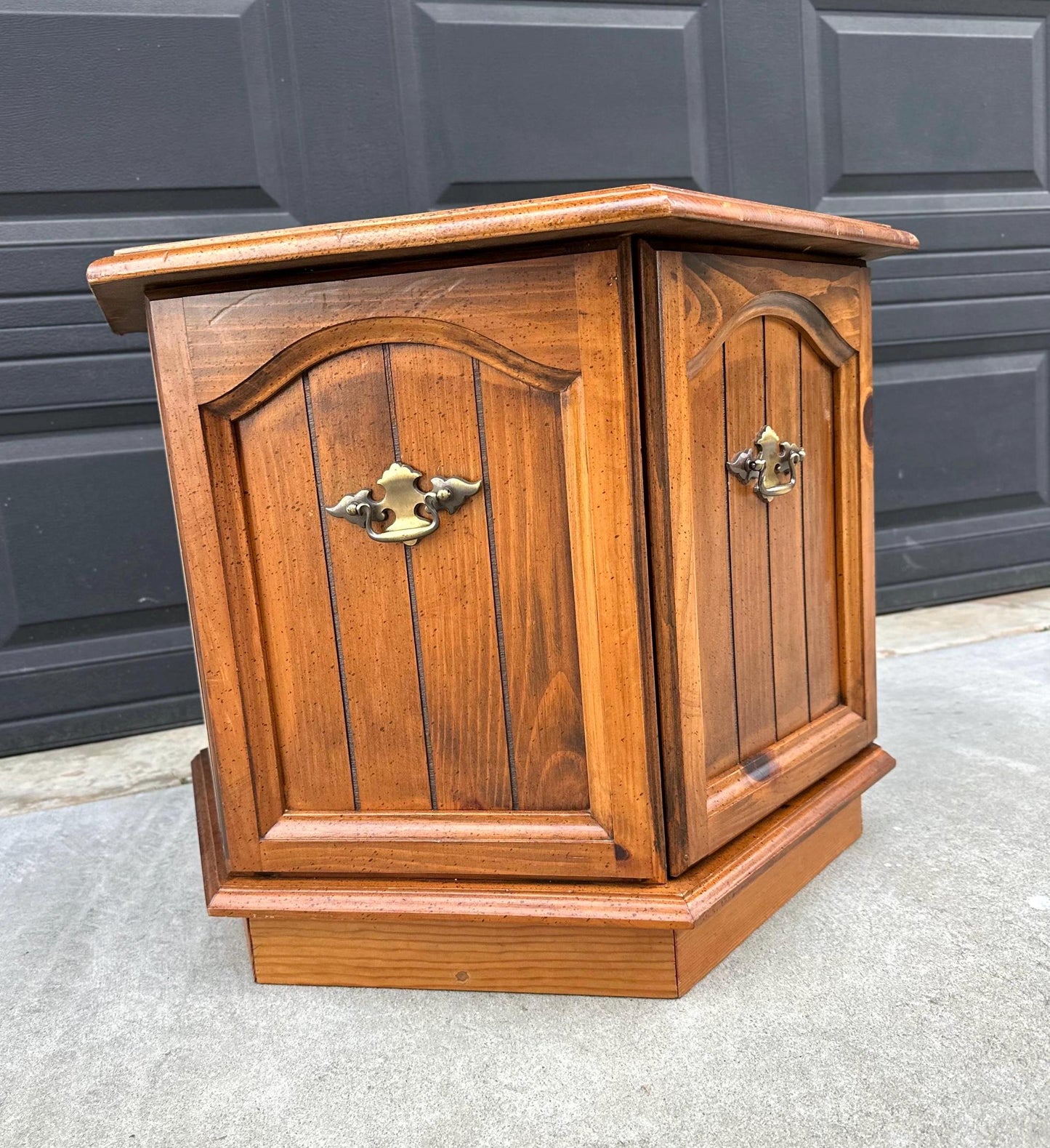 Vintage Mid Century Hexagonal Solid Pine Wood End Table with Cabinet 24" Wide