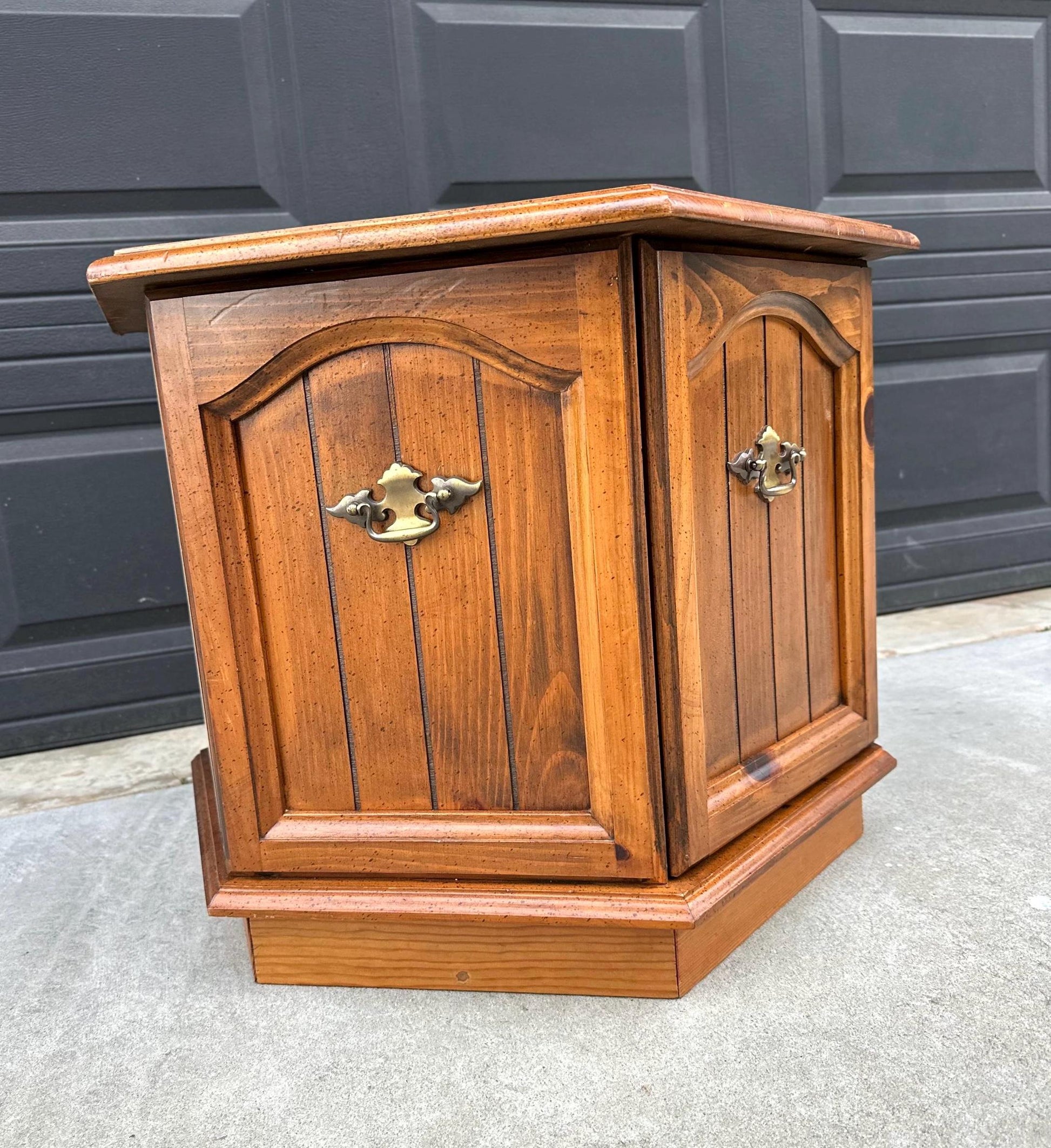 Vintage Mid Century Hexagonal Solid Pine Wood End Table with Cabinet 24" Wide