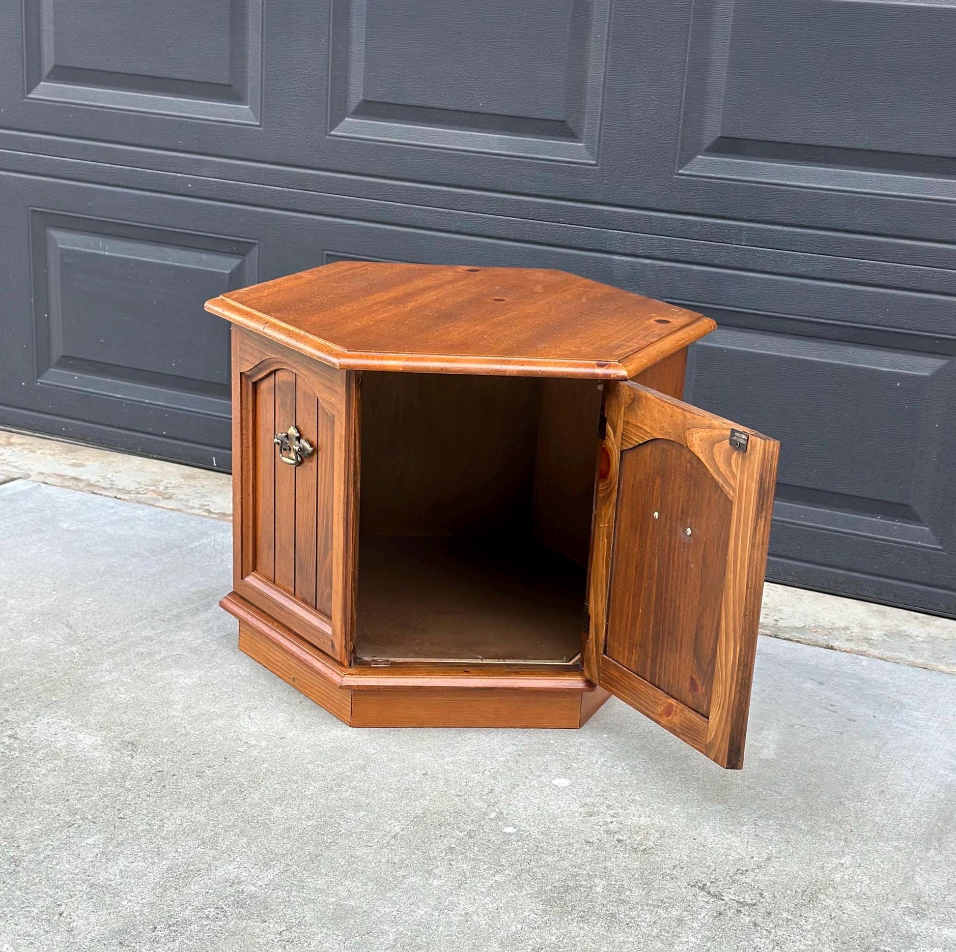 Vintage Mid Century Hexagonal Solid Pine Wood End Table with Cabinet 24" Wide