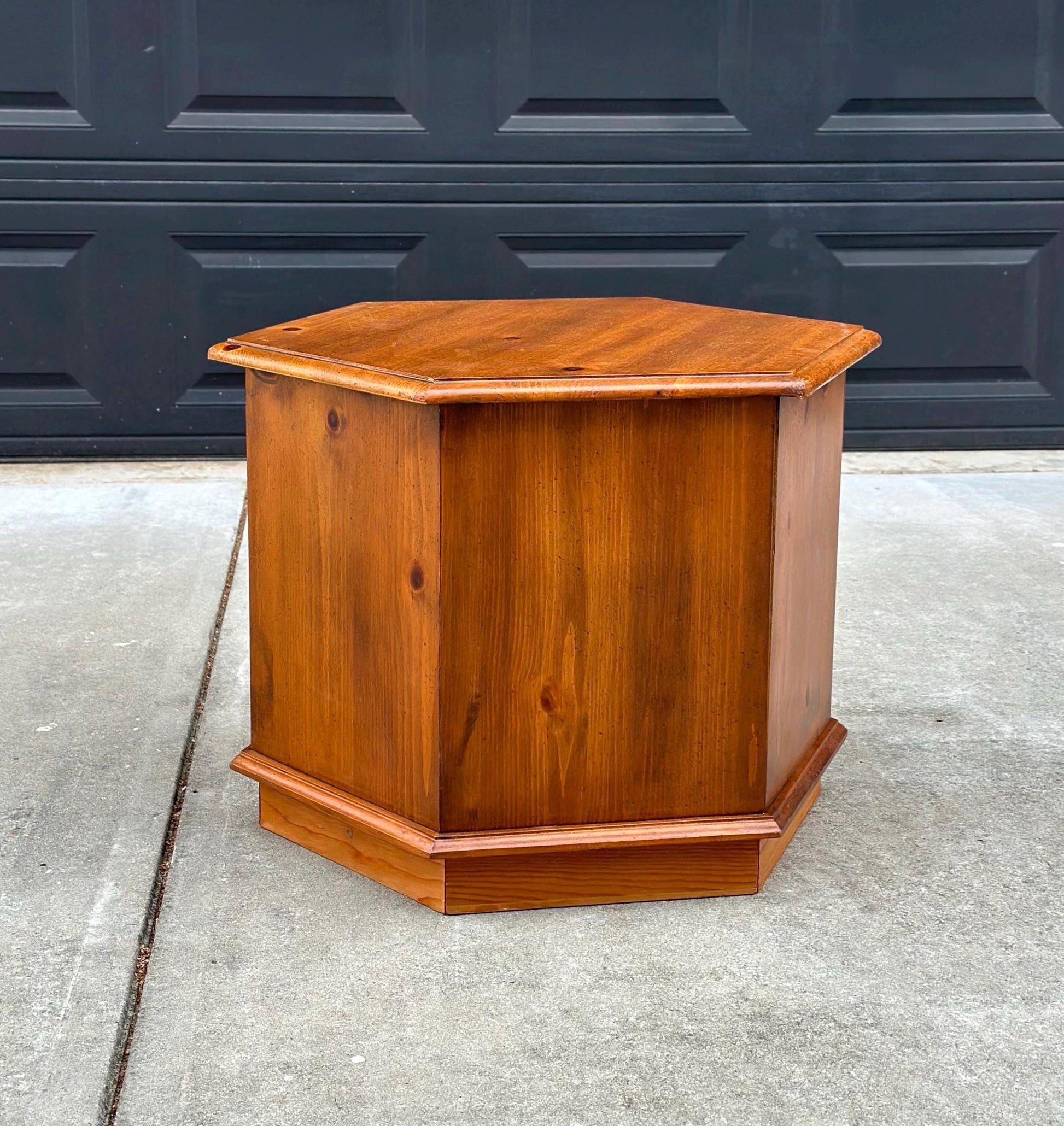 Vintage Mid Century Hexagonal Solid Pine Wood End Table with Cabinet 24" Wide